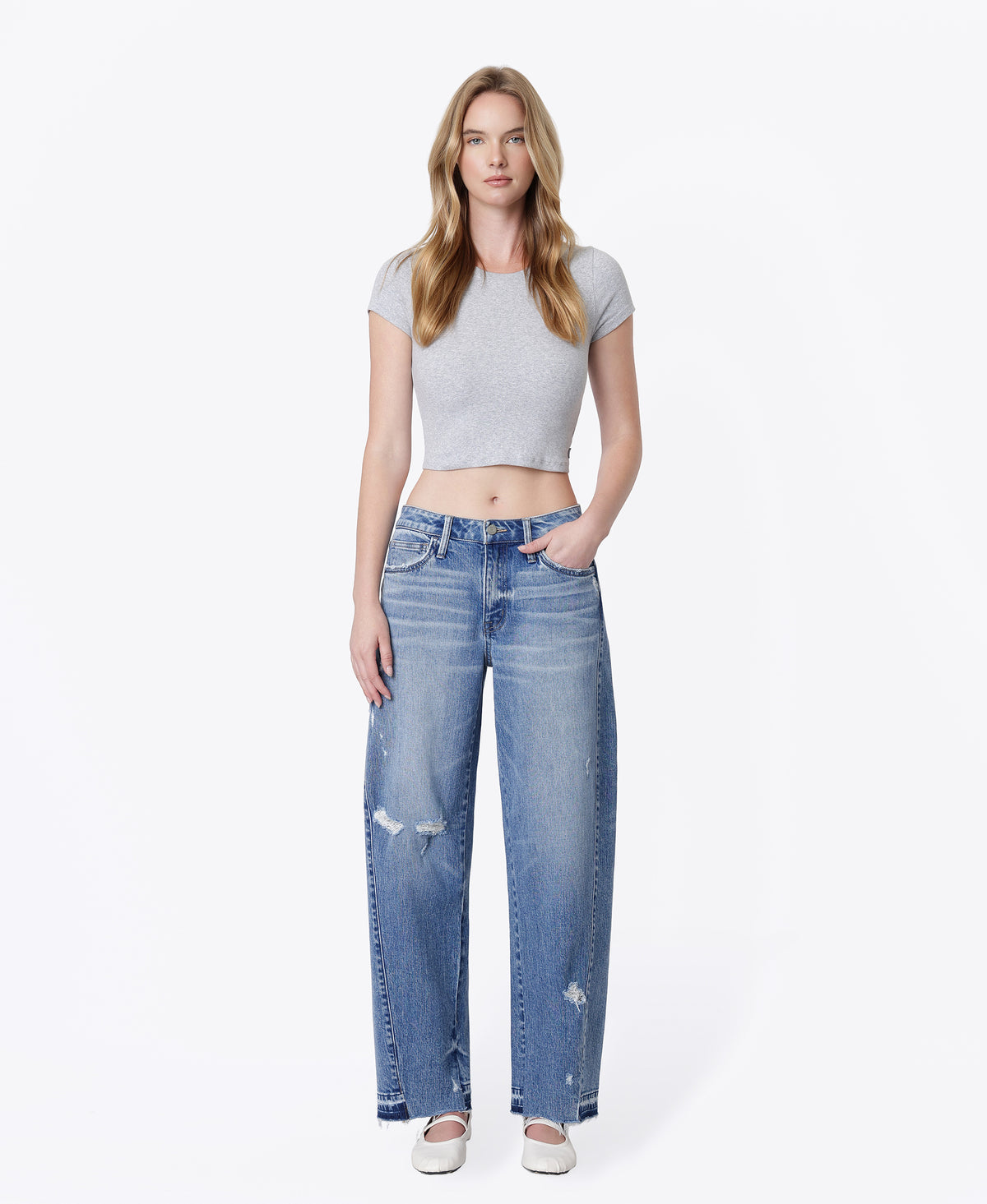 Front product images of Enthusiast - High Rise Seam Detail Distressed Wide Barrel Jeans

