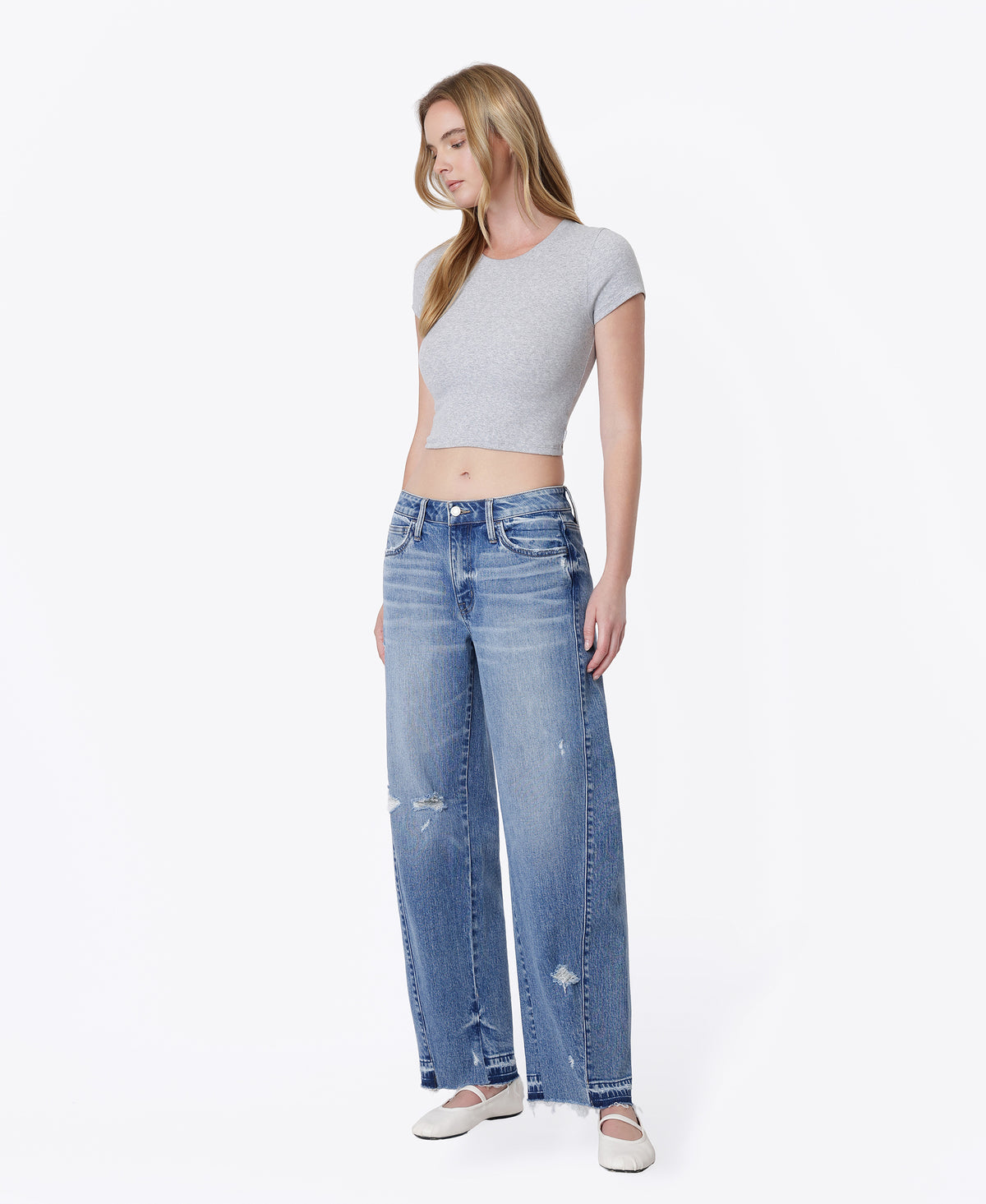 Left 45 degrees product image of Enthusiast - High Rise Seam Detail Distressed Wide Barrel Jeans