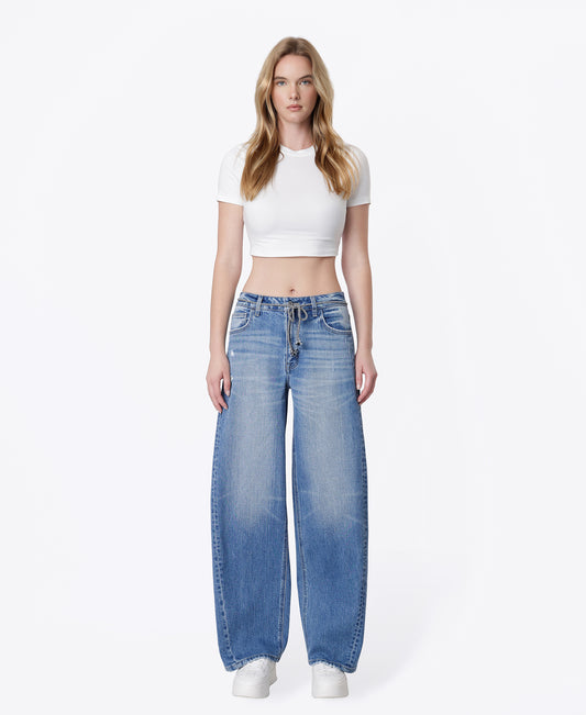 Front product images of Simplify - High Rise Seam Detail Drawstring Wide Barrel Jeans