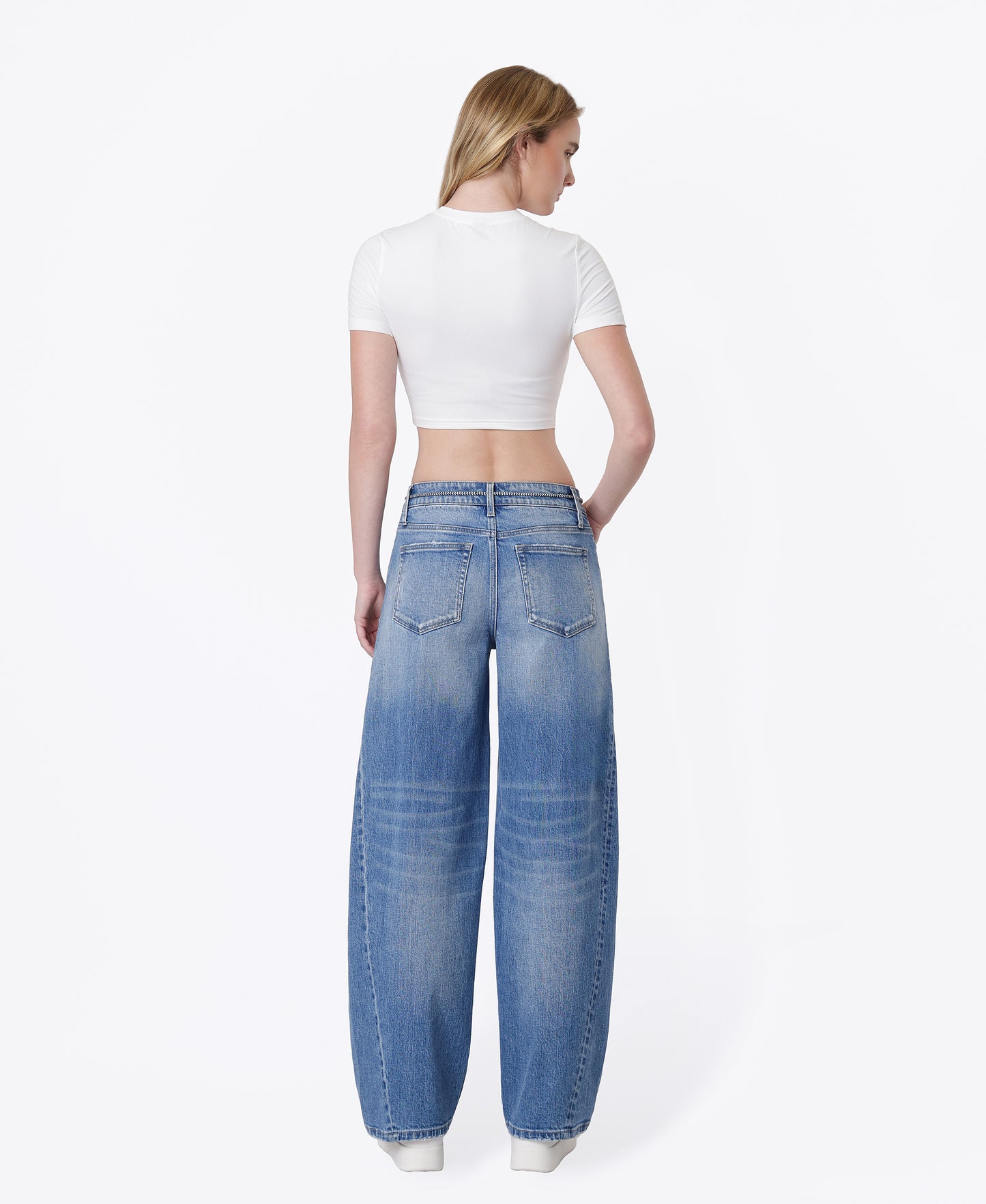 Back product images of Simplify - High Rise Seam Detail Drawstring Wide Barrel Jeans
