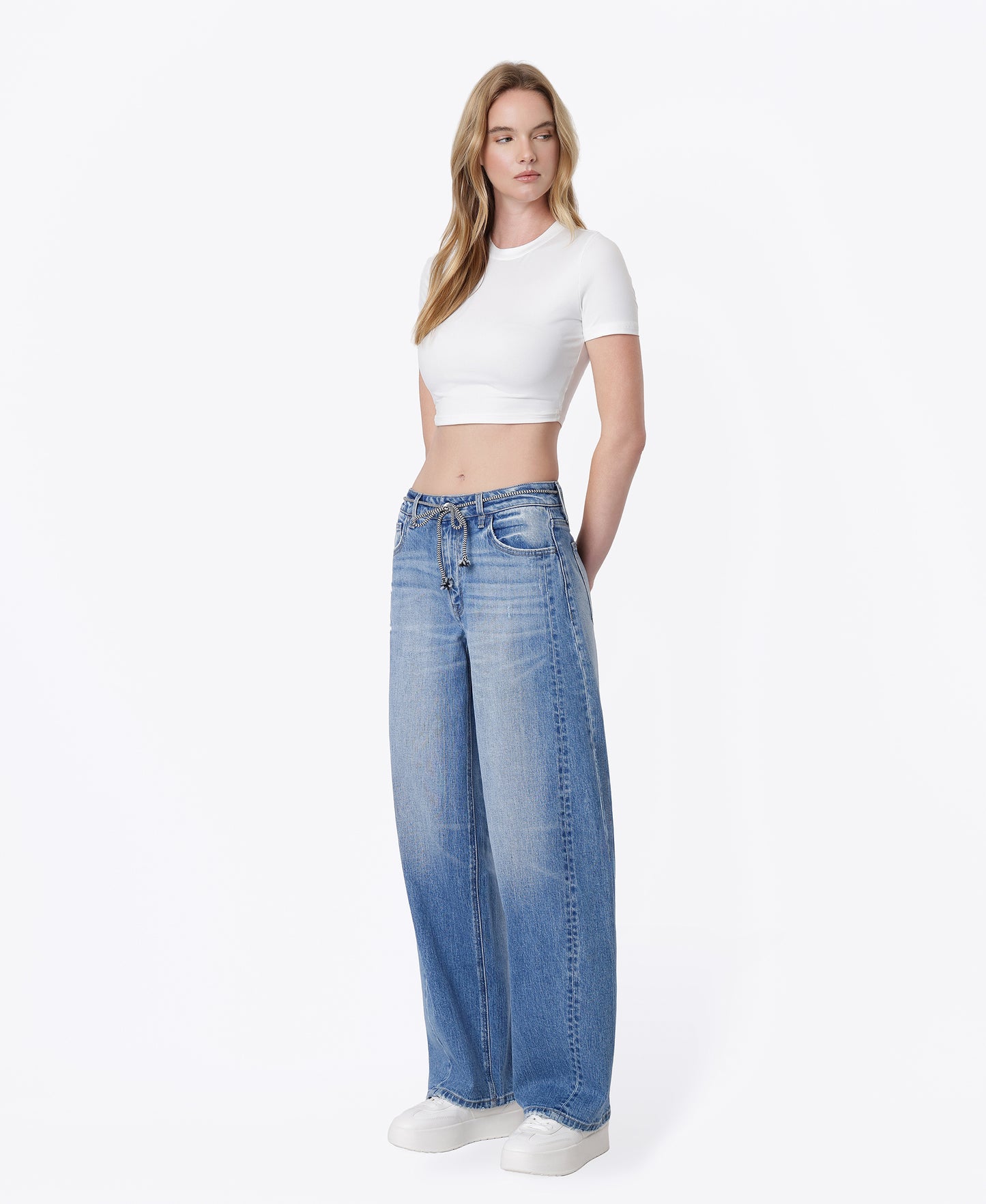 Left 45 degrees product image of Simplify - High Rise Seam Detail Drawstring Wide Barrel Jeans