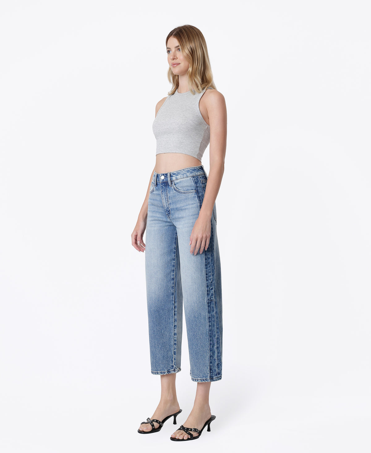 Left 45-degree product image of Bold - Super High Rise Two Tone Side Panel Wide Barrel Jeans