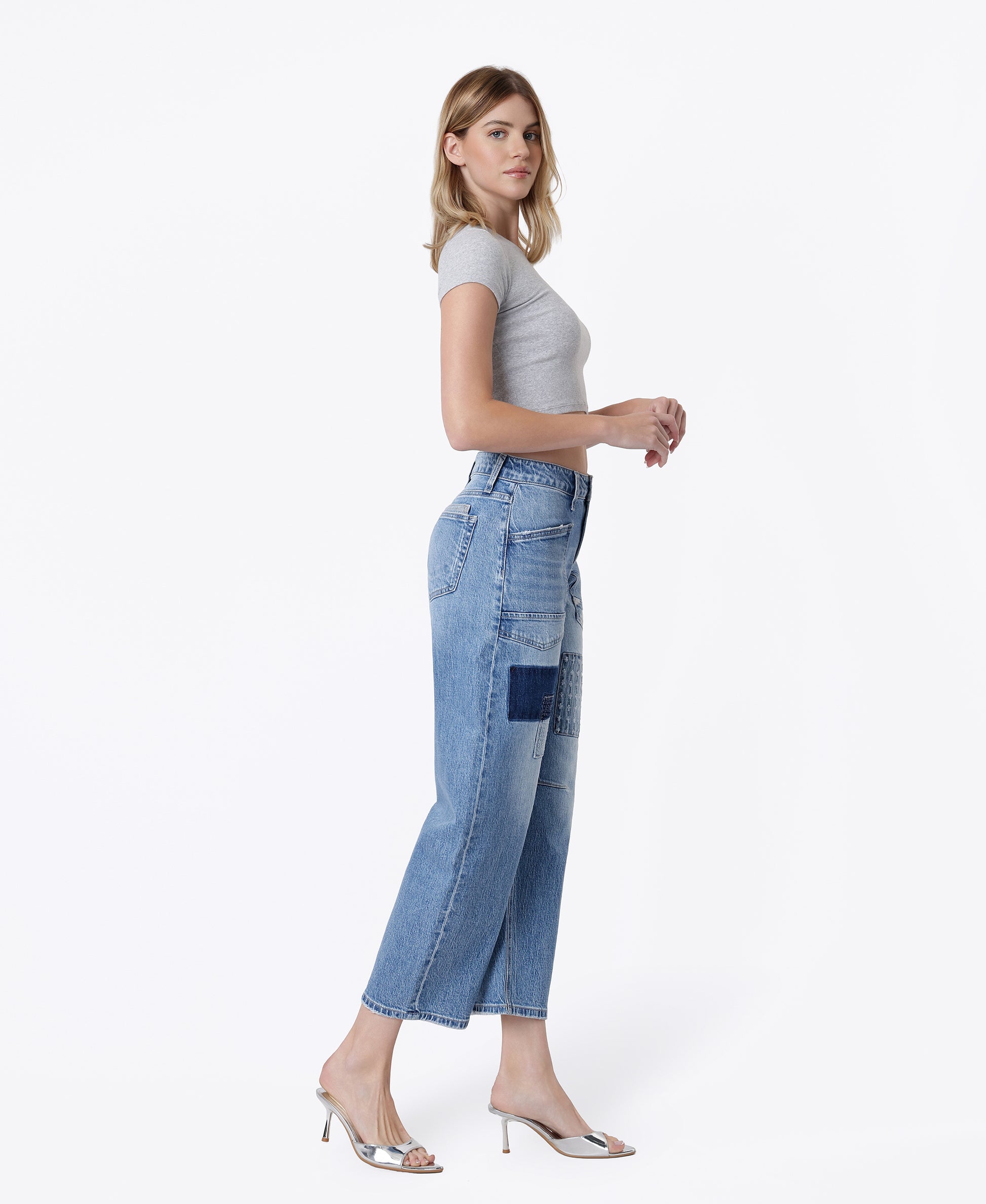 Right side product images of Awesomely - High Rise Patchwork Crop Barrel Jeans