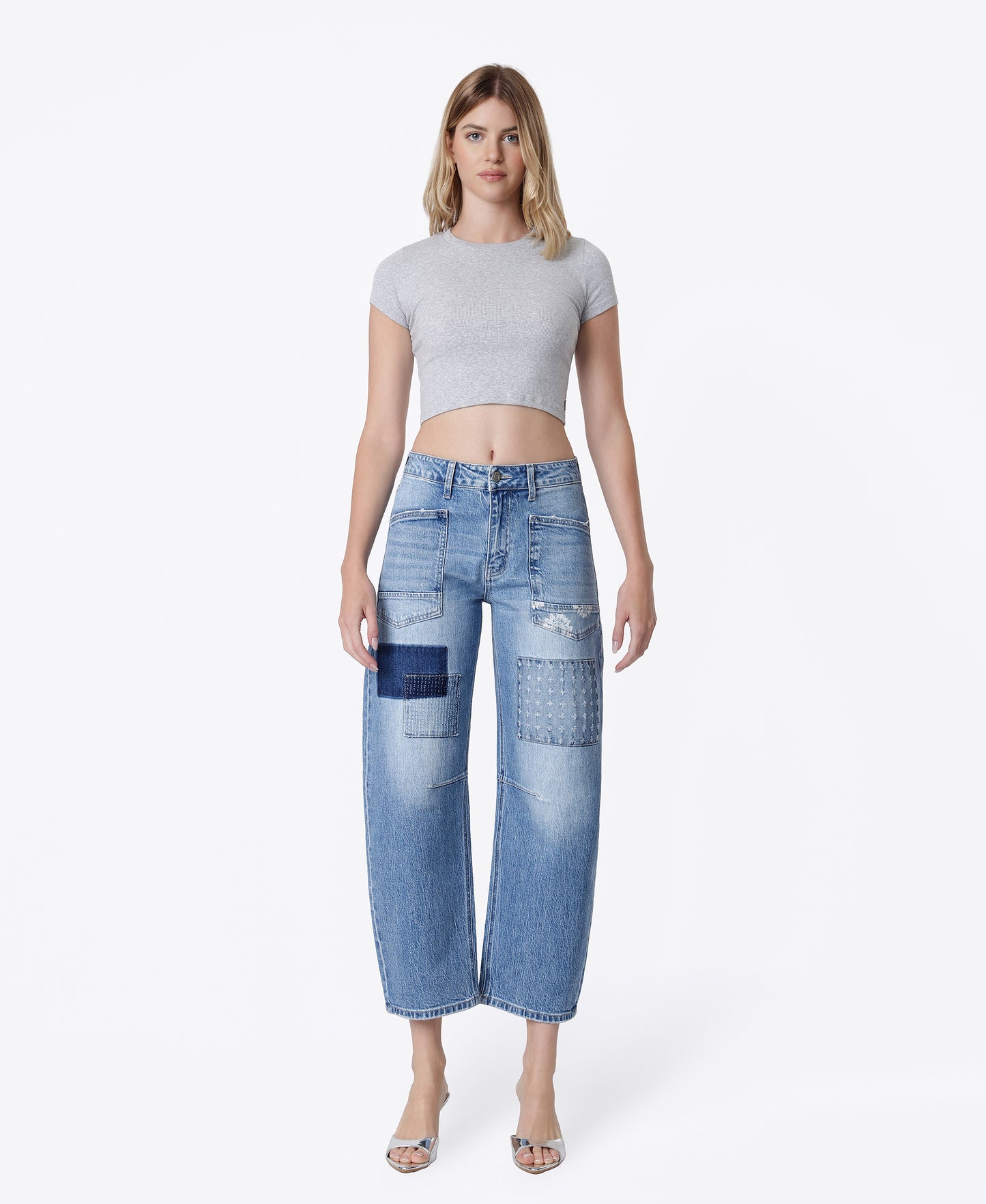 Front product images of Awesomely - High Rise Patchwork Crop Barrel Jeans