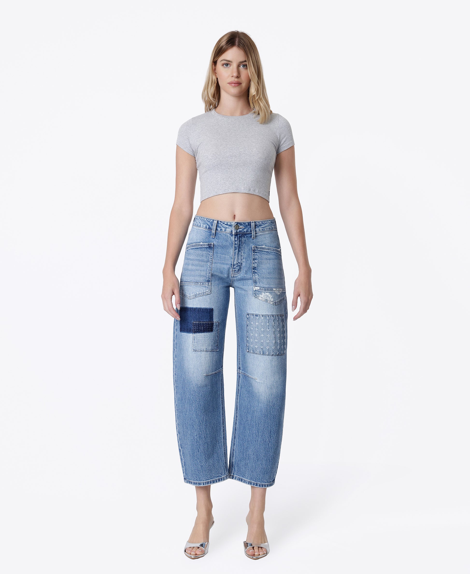 Front product images of Awesomely - High Rise Patchwork Crop Barrel Jeans