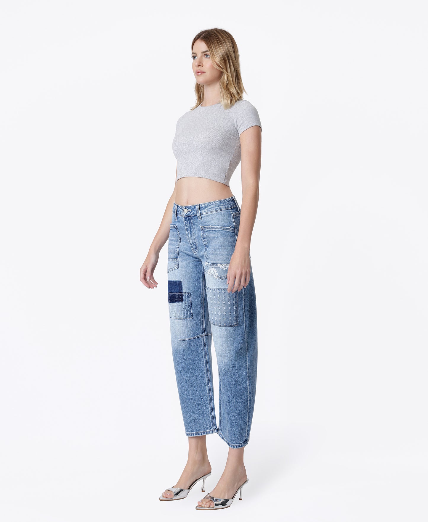 Left 45 degrees product image of Awesomely - High Rise Patchwork Crop Barrel Jeans