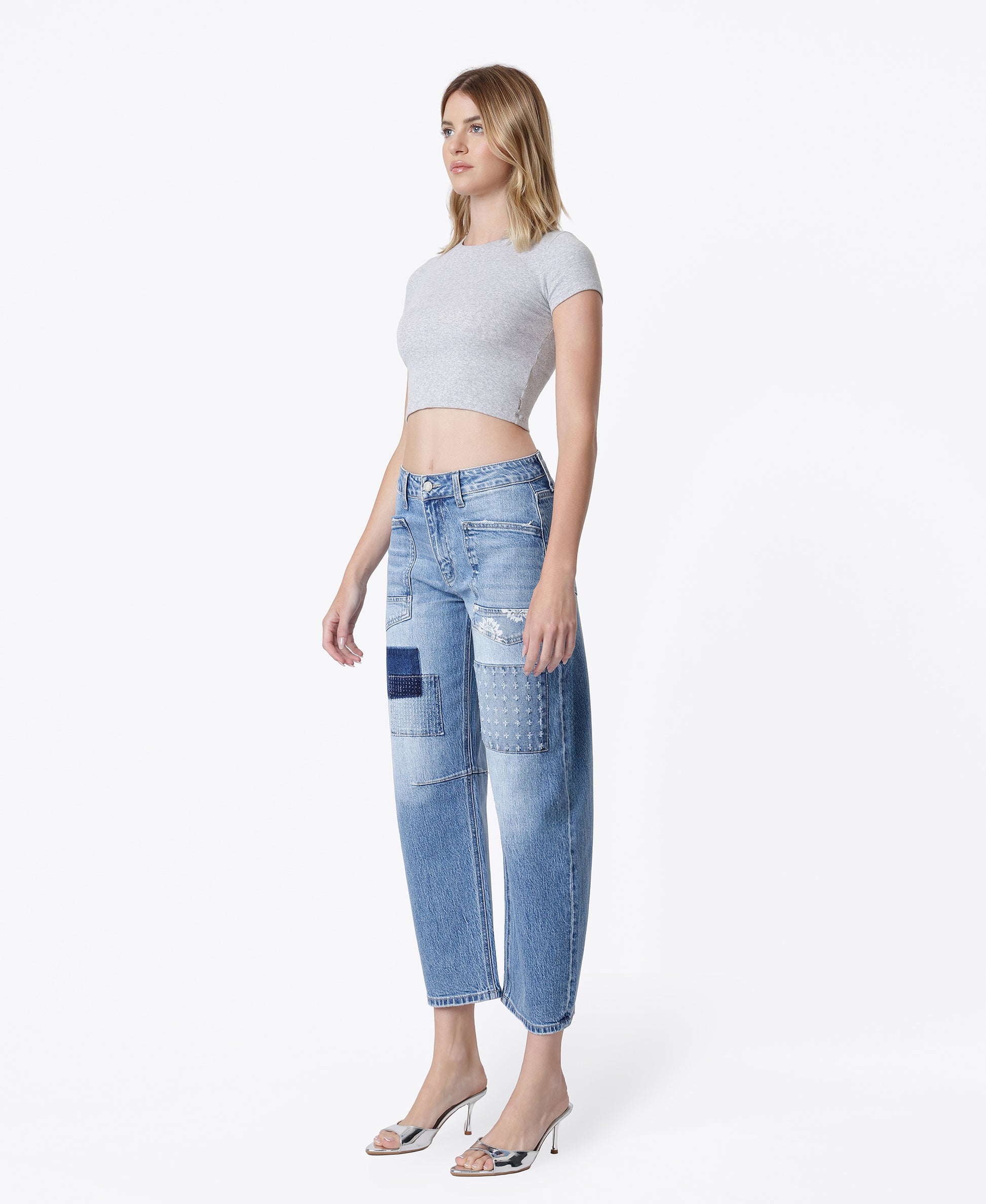 Left 45 degrees product image of Awesomely - High Rise Patchwork Crop Barrel Jeans