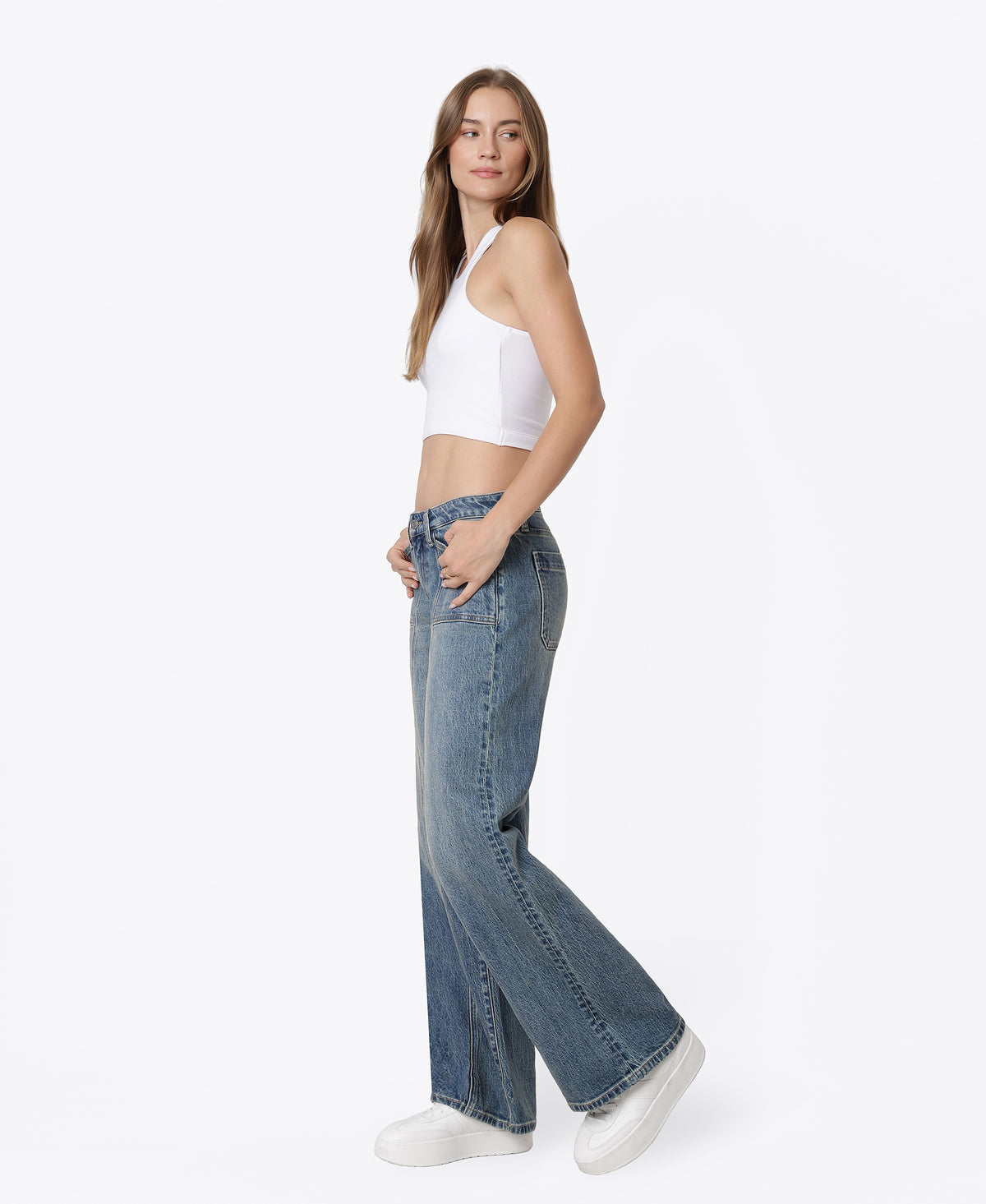 Left side product images of Splendid - Mid Rise Front Seamed Tinted Wide Leg Jeans