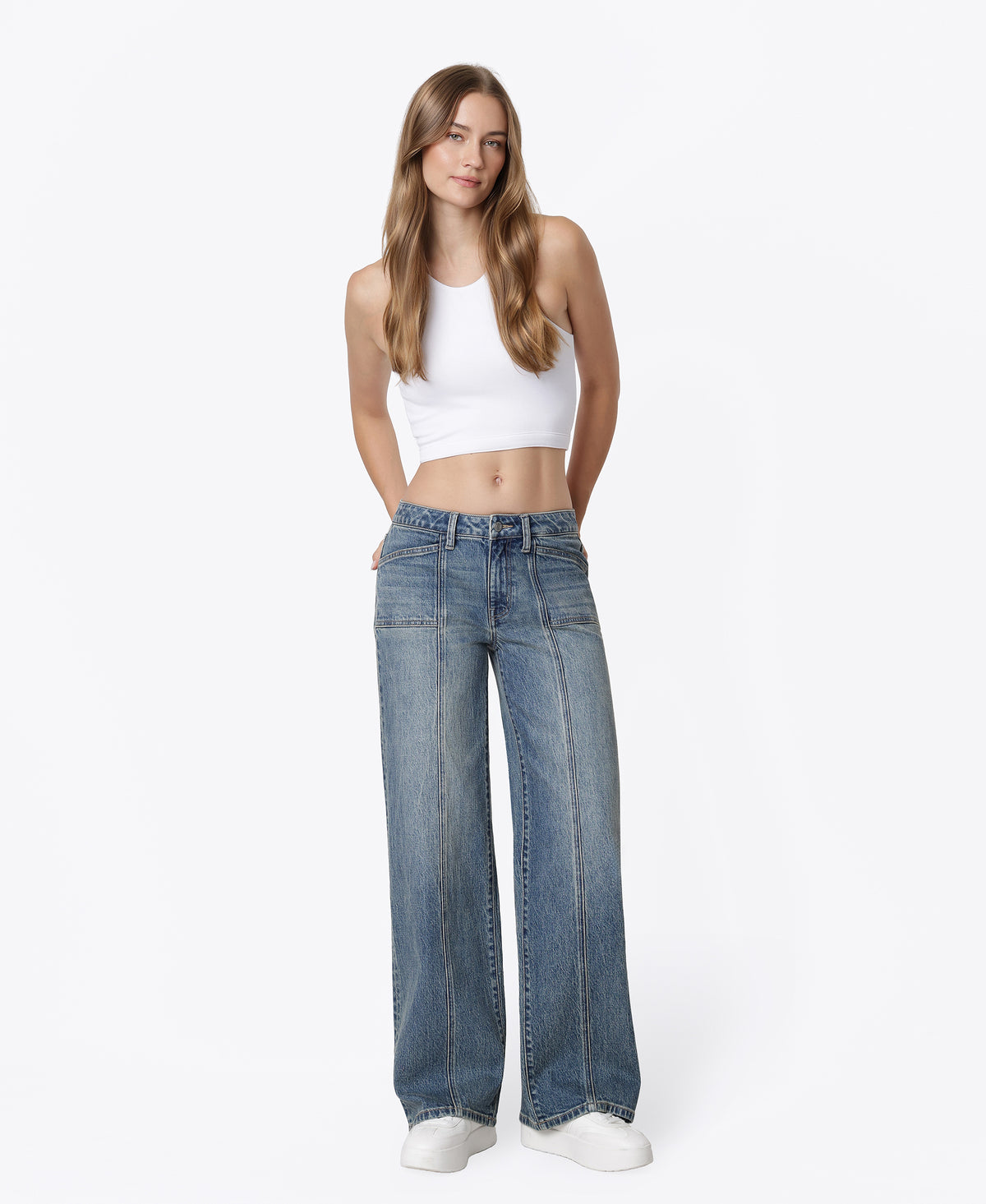 Front product images of Splendid - Mid Rise Front Seamed Tinted Wide Leg Jeans