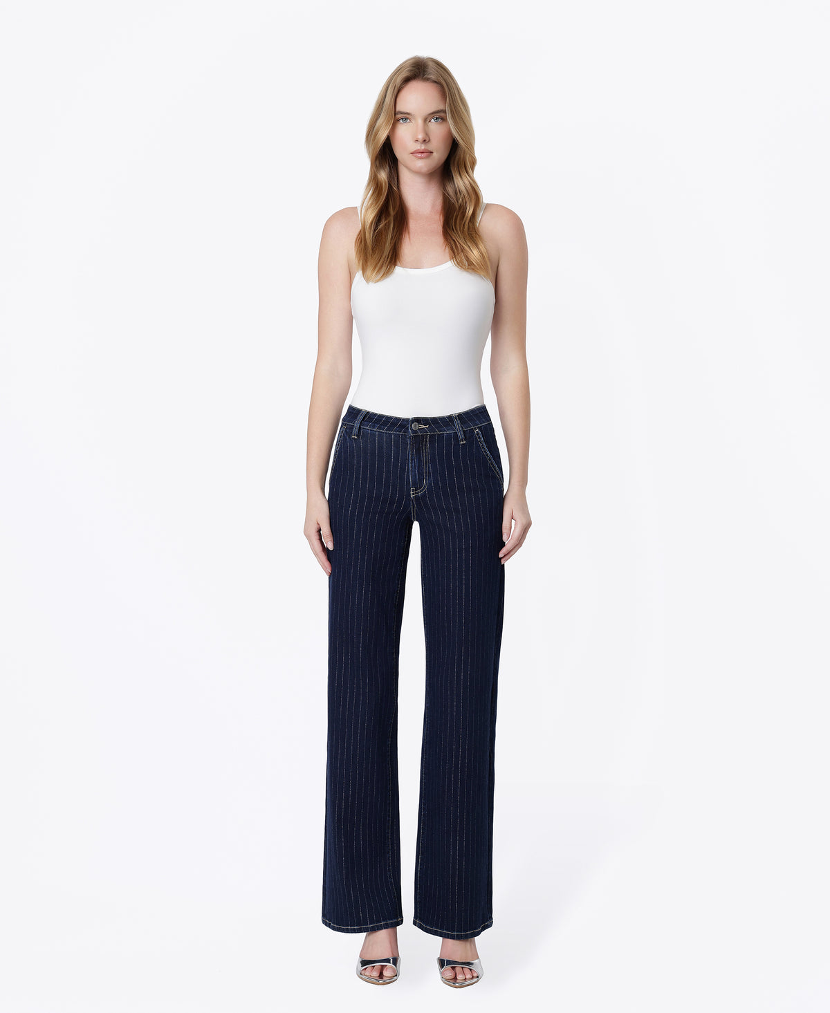 Front product images of Stripe - Mid Rise Slant Pocket Trouser Hem Wide Leg Jeans