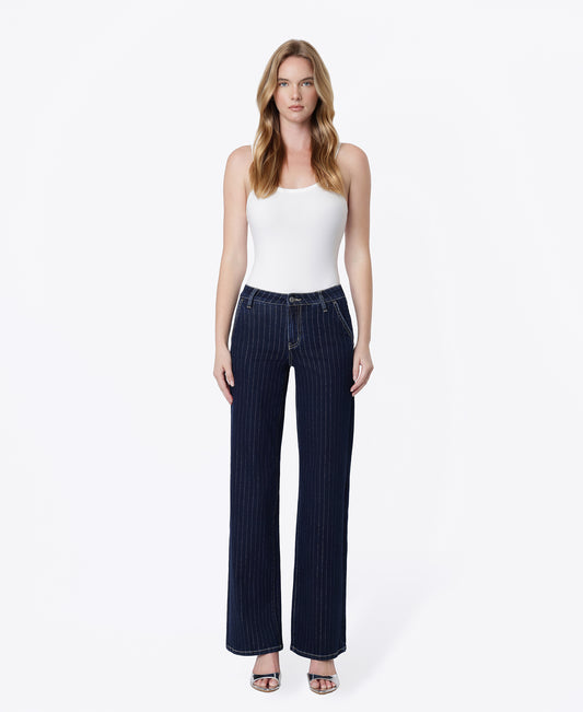 Front product images of Stripe - Mid Rise Slant Pocket Trouser Hem Wide Leg Jeans