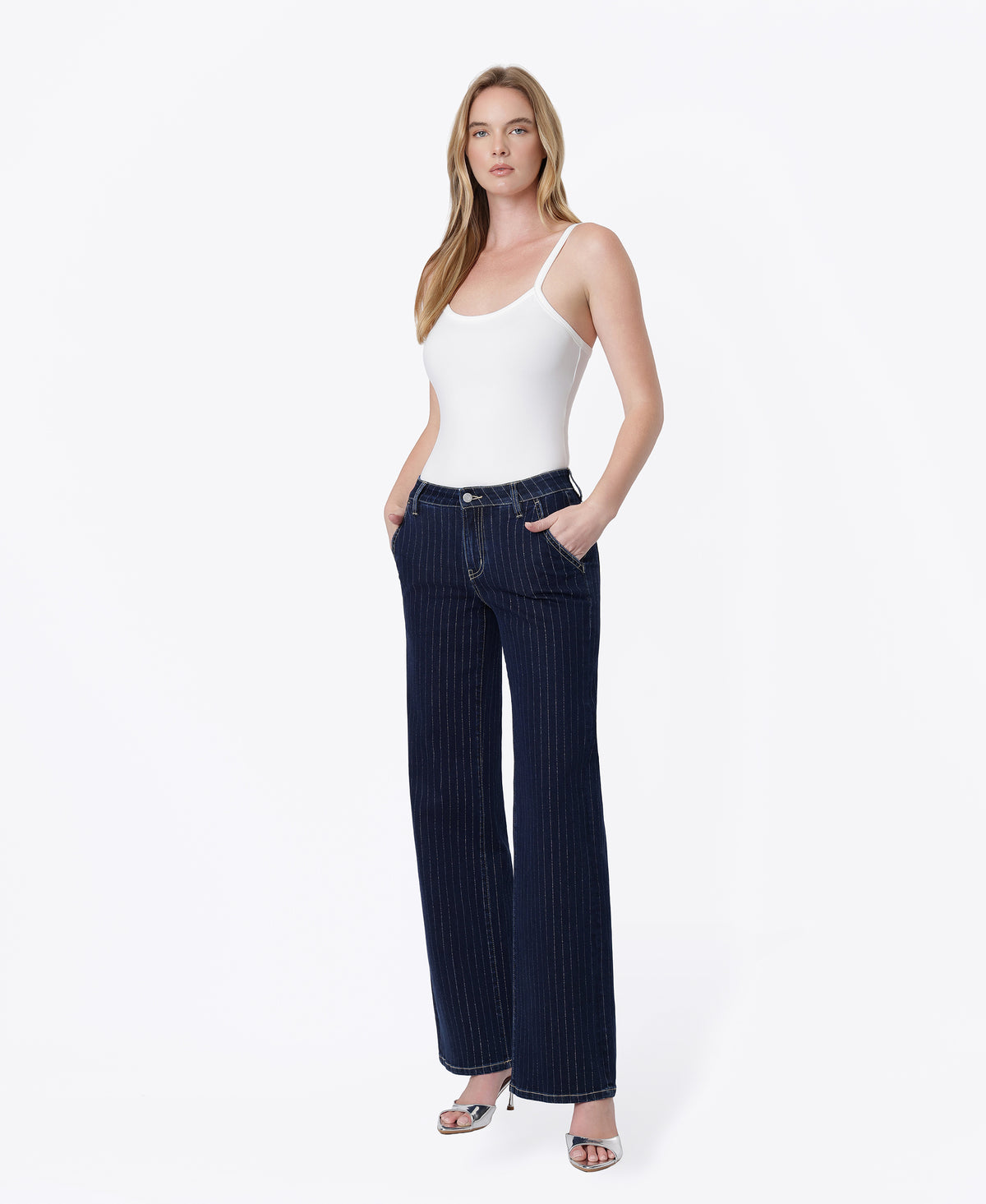 Left 45 degrees product image of Stripe - Mid Rise Slant Pocket Trouser Hem Wide Leg Jeans