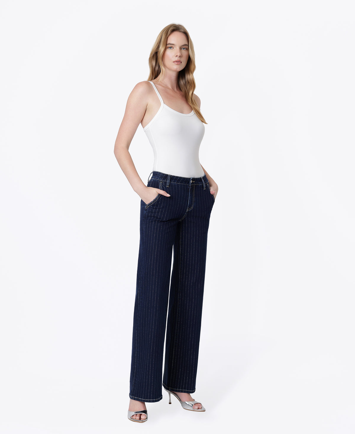 Right 45 degrees product image of Stripe - Mid Rise Slant Pocket Trouser Hem Wide Leg Jeans