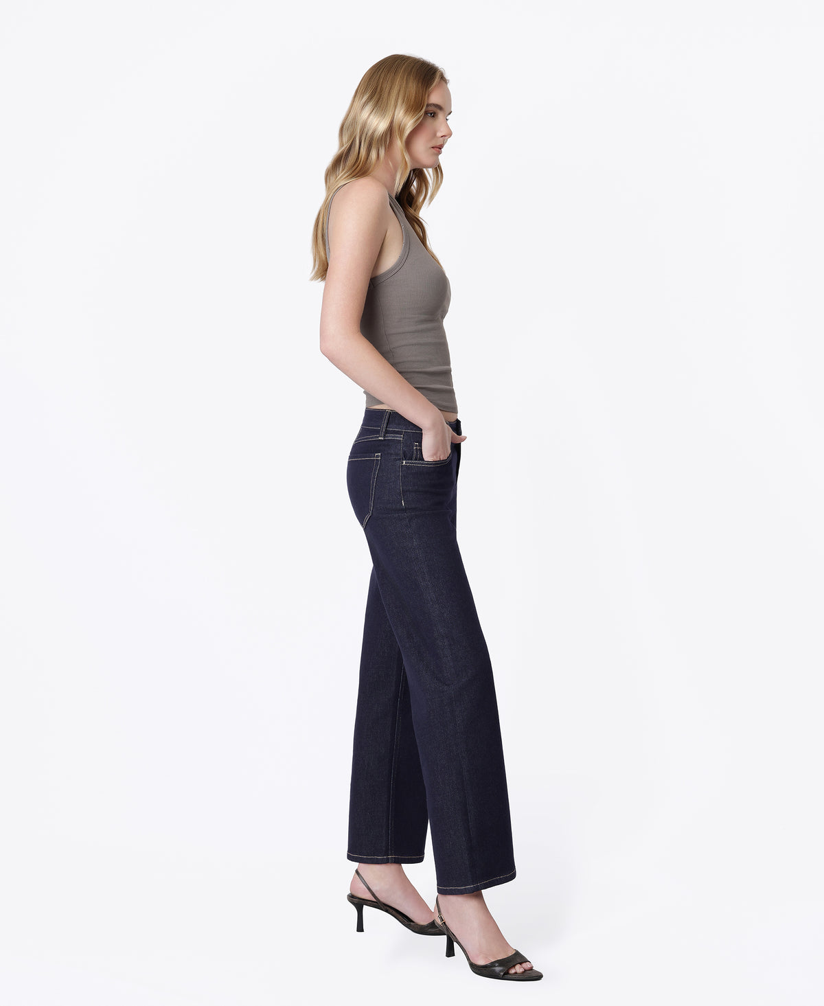 Right side product images of Nicer - Mid Rise Back Yoke Detail Slim Wide Leg Jeans
