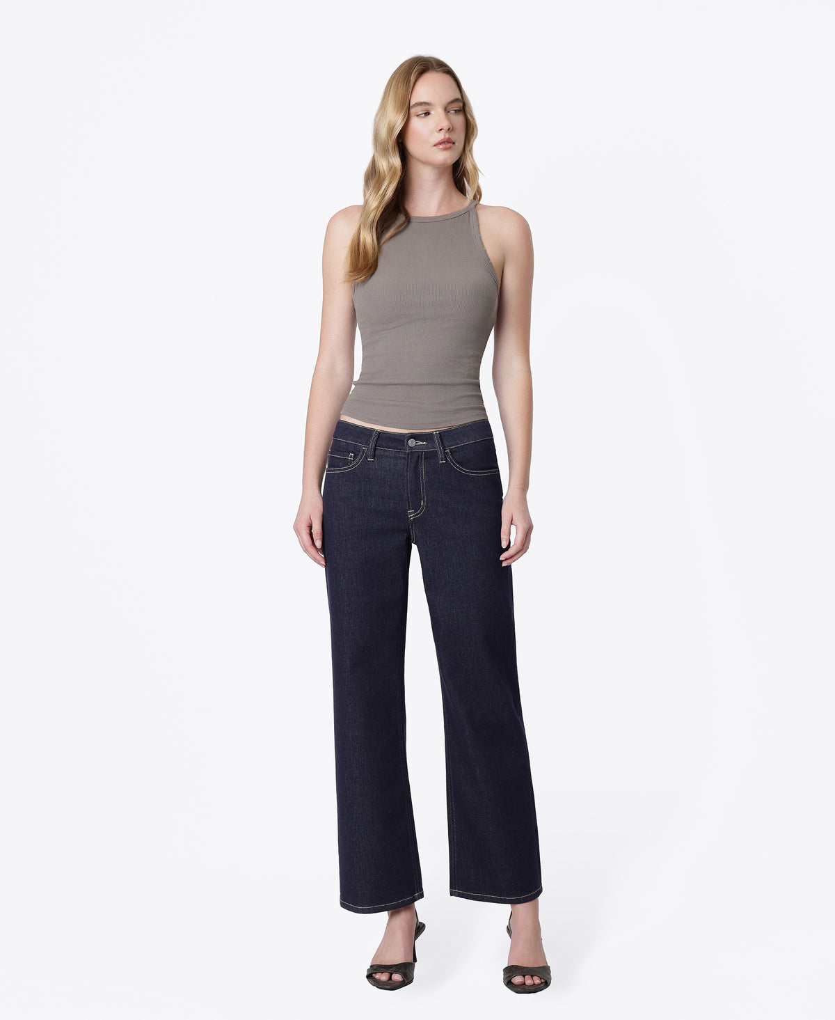 Front product images of Nicer - Mid Rise Back Yoke Detail Slim Wide Leg Jeans