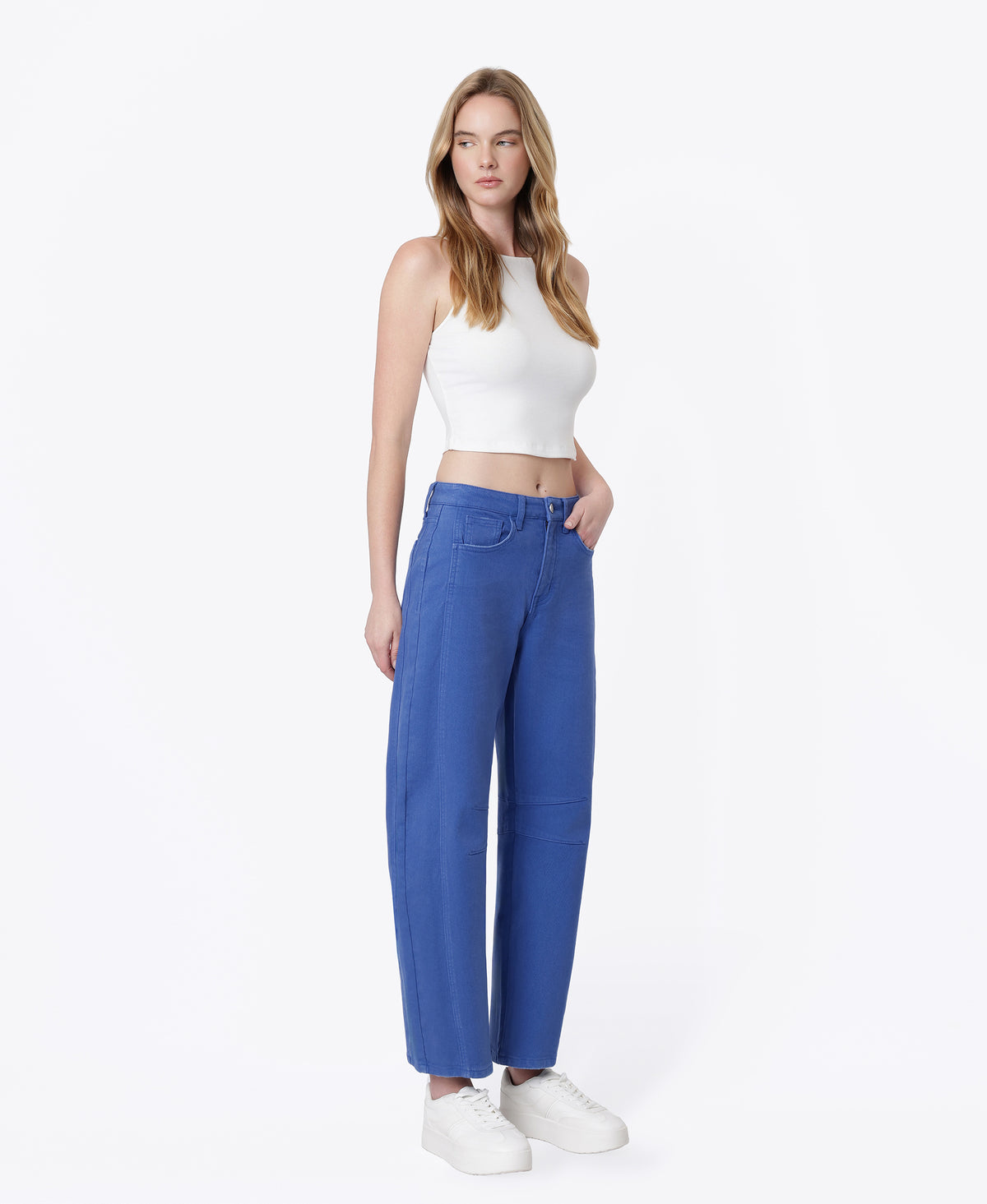 Right 45 degrees product image of Beaucoup Blue - High Rise Darted Barrel Jeans