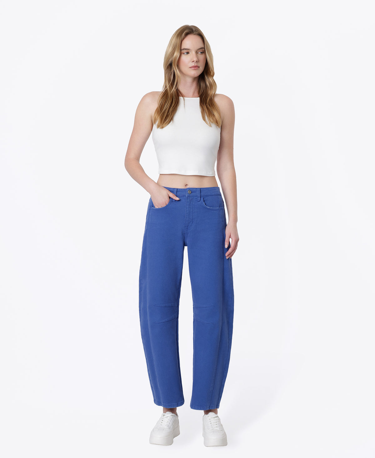 Front product images of Beaucoup Blue - High Rise Darted Barrel Jeans