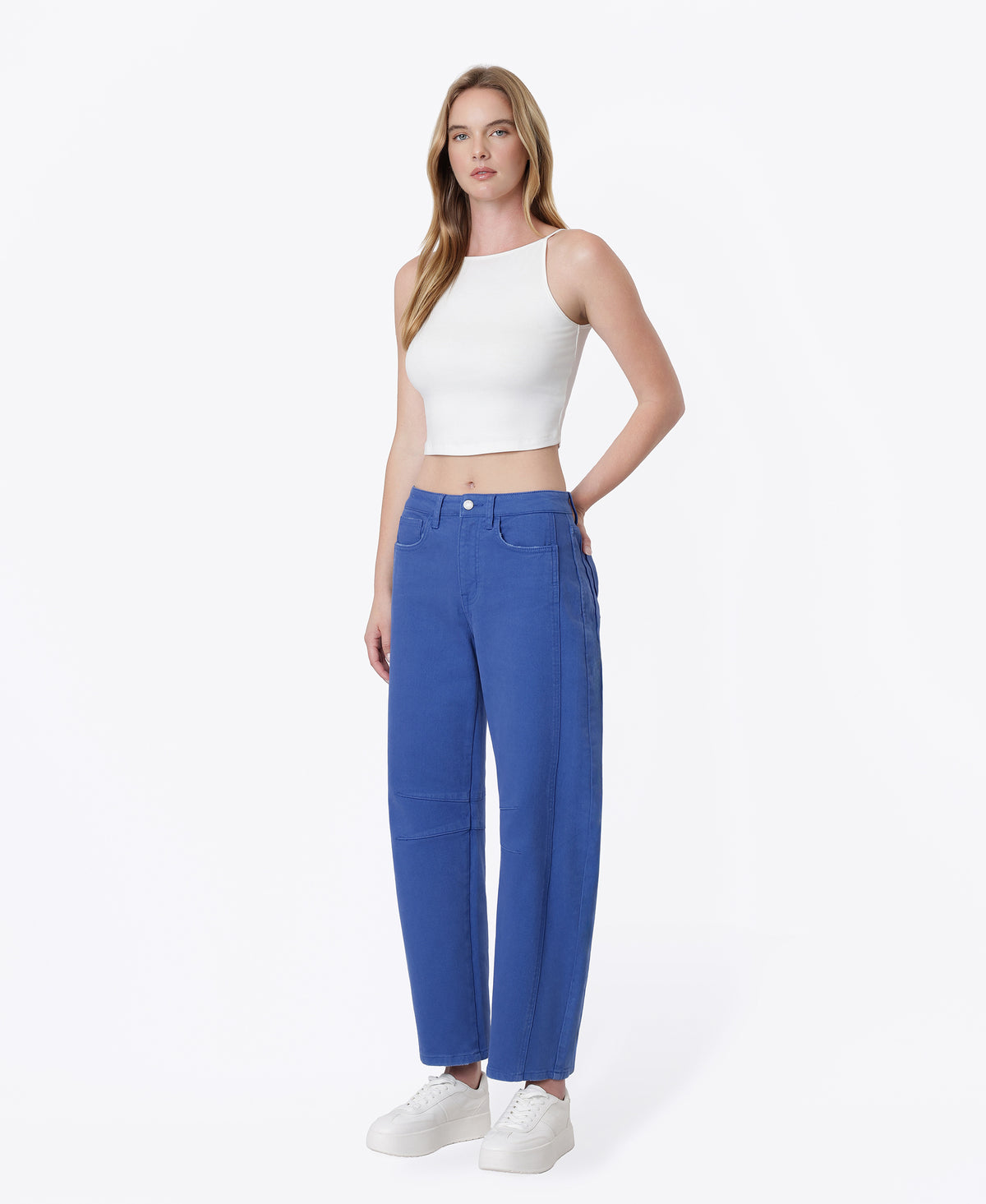 Left 45 degrees product image of Beaucoup Blue - High Rise Darted Barrel Jeans