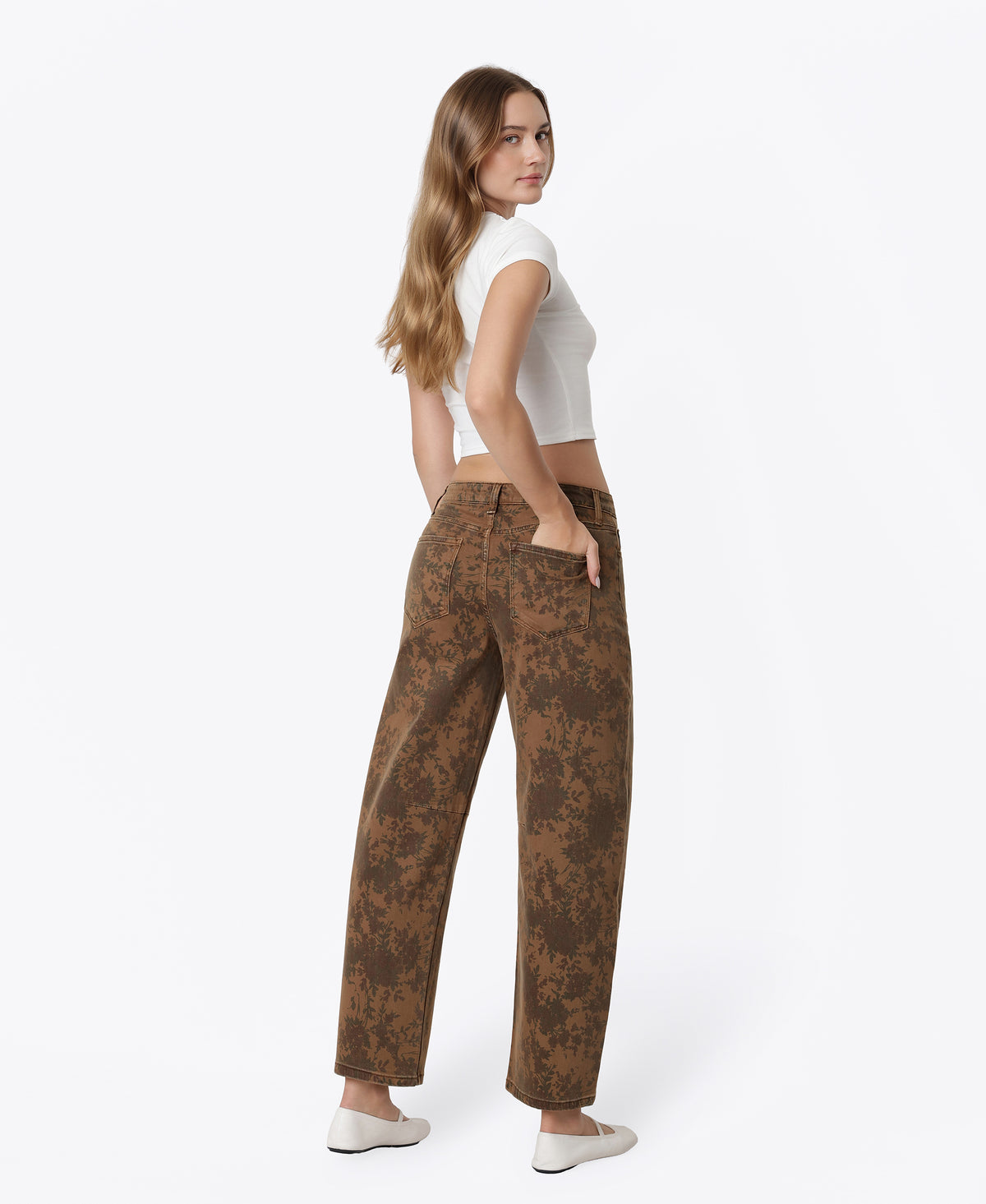 Back product images of Brown Floral - High Rise Floral Print Barrel Jeans
