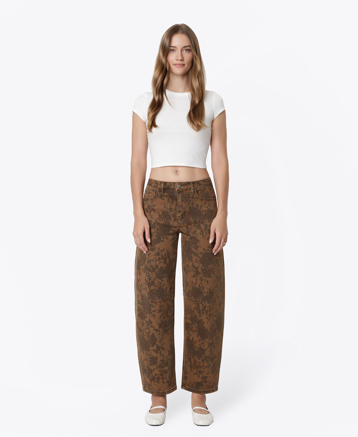 Front product images of Brown Floral - High Rise Floral Print Barrel Jeans