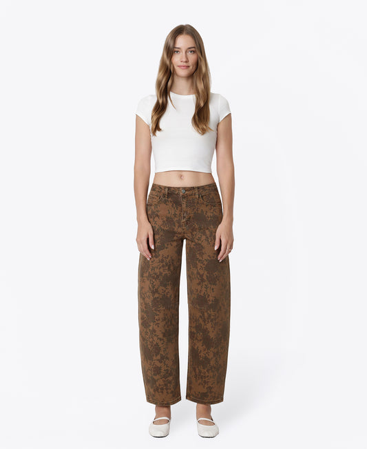 Front product images of Brown Floral - High Rise Floral Print Barrel Jeans