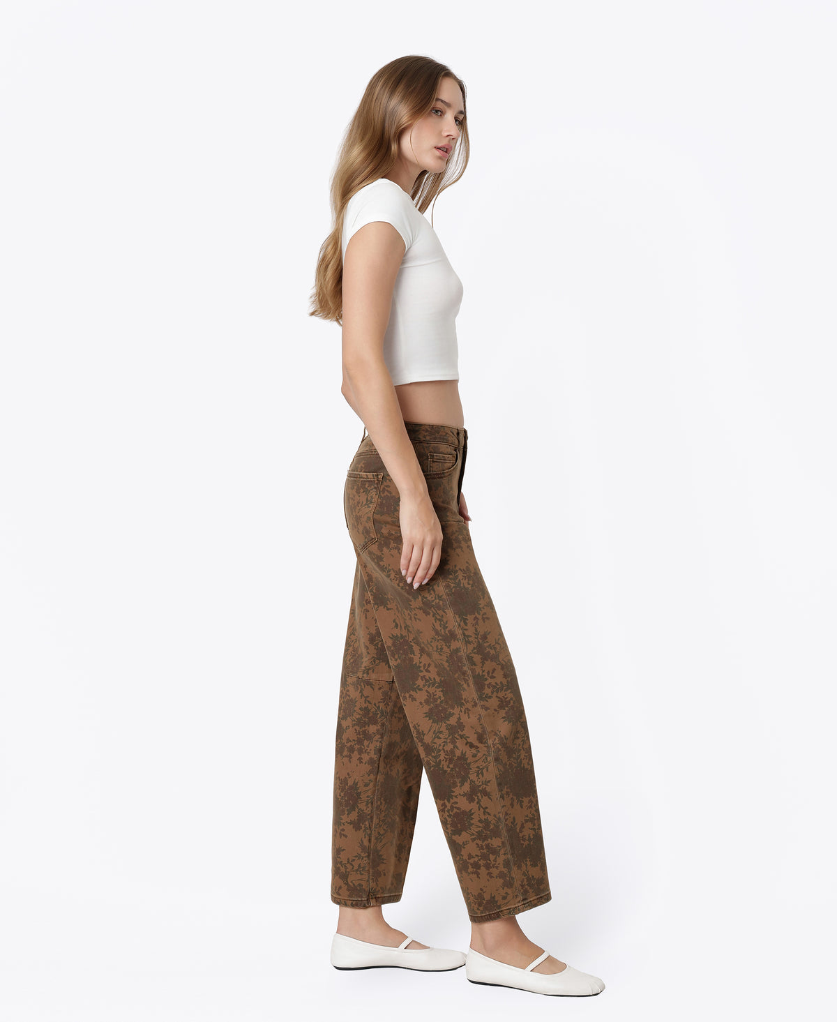 Right side product images of Brown Floral - High Rise Floral Print Barrel Jeans