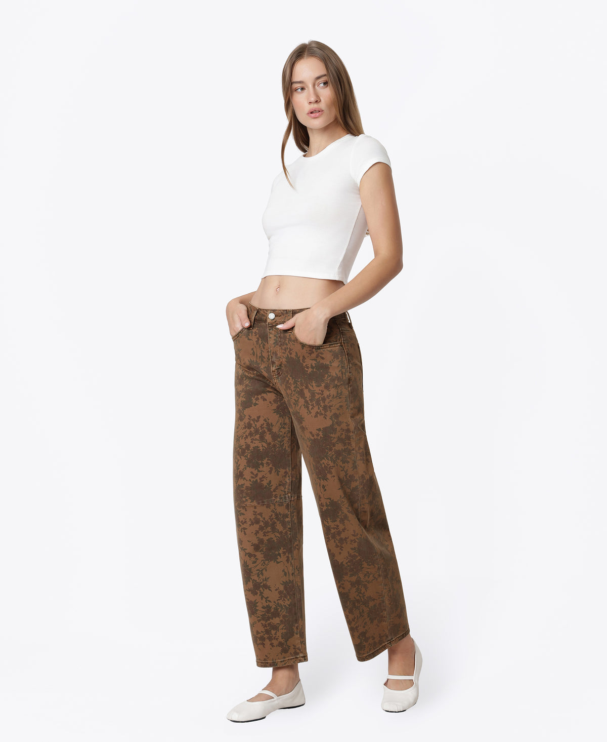 Left 45 degrees product image of Brown Floral - High Rise Floral Print Barrel Jeans