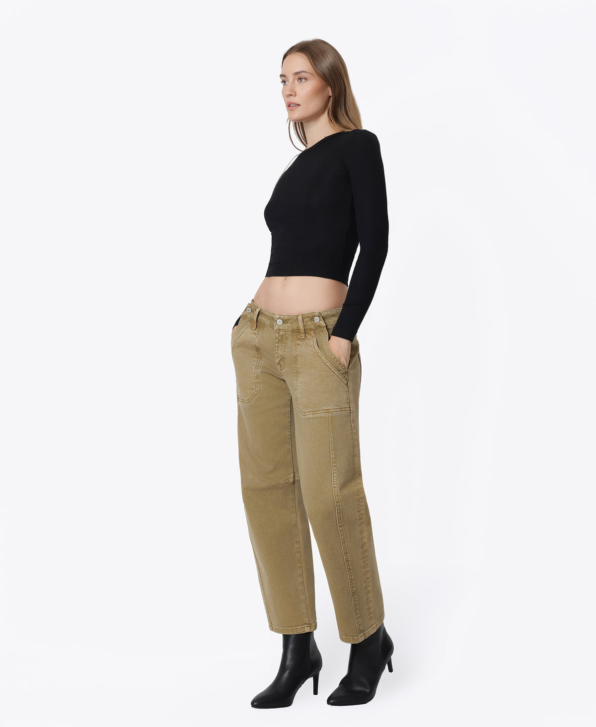 Left 45-degree product image of Taupe Brown - Low Rise Side Buttons Double Pockets Barrel Jeans