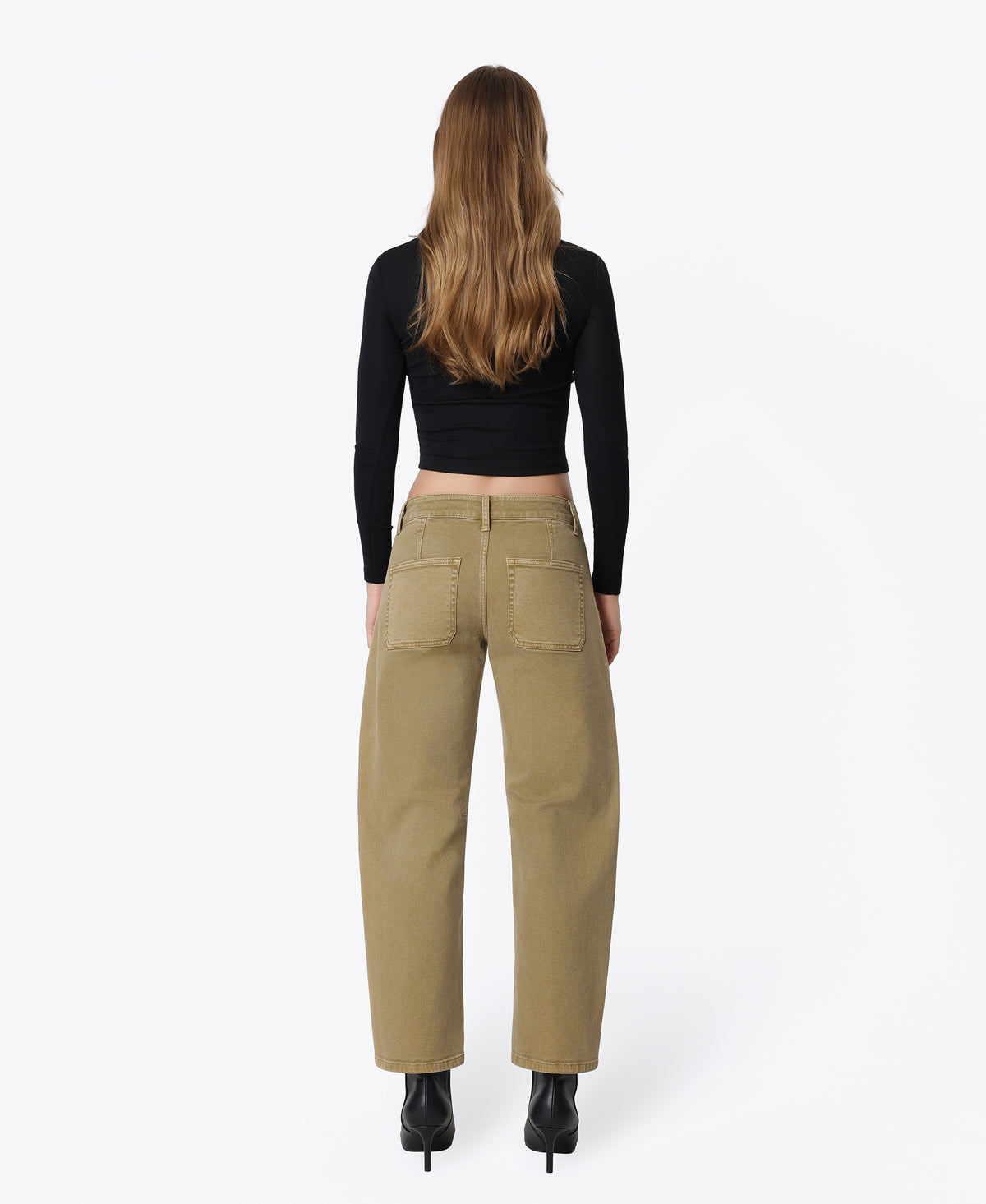 Back product images of Taupe Brown - Low Rise Side Buttons Double Pockets Barrel Jeans