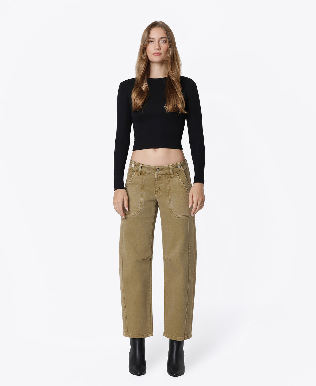 Front product images of Taupe Brown - Low Rise Side Buttons Double Pockets Barrel Jeans