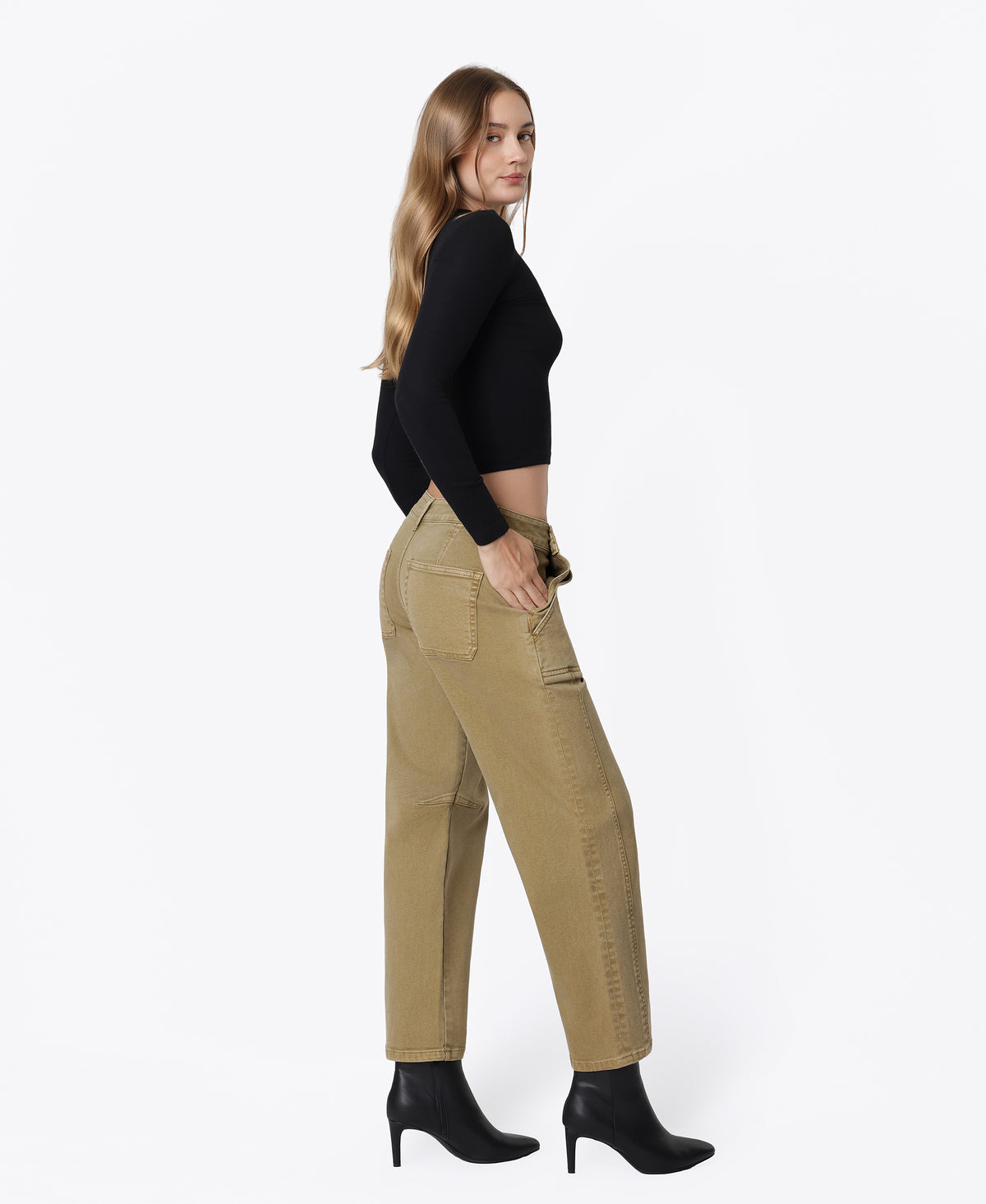 Right side product images of Taupe Brown - Low Rise Side Buttons Double Pockets Barrel Jeans