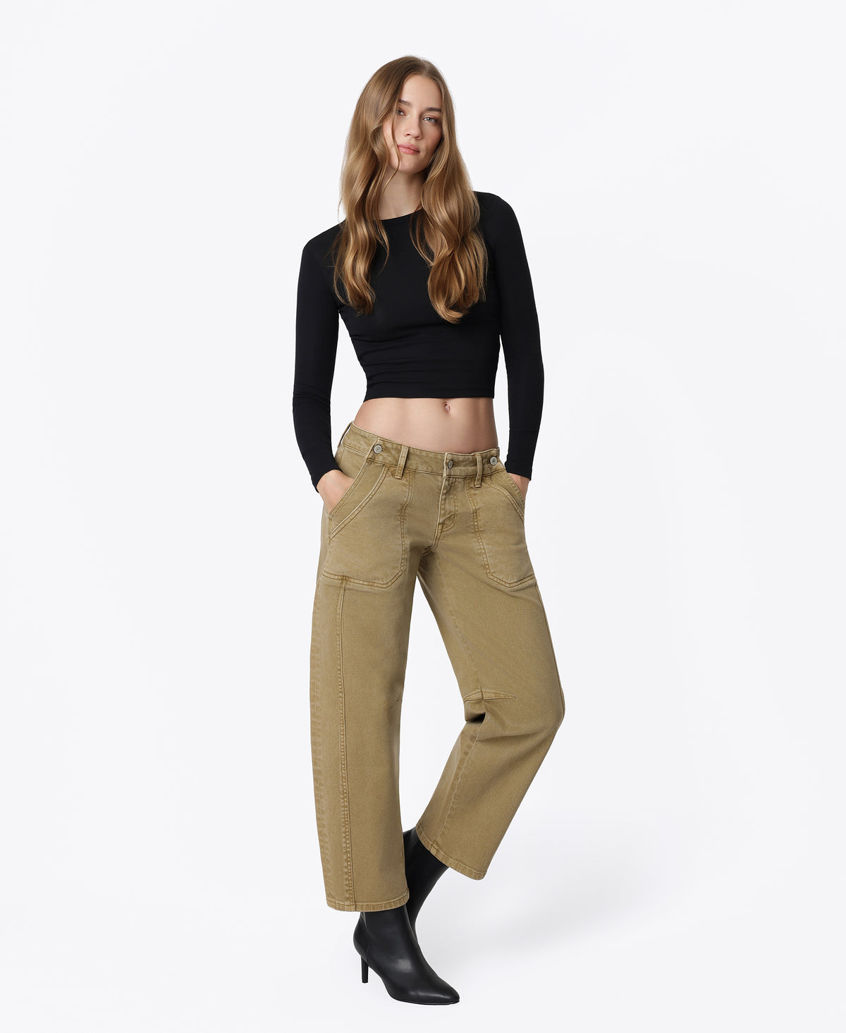 Right 45 degrees product image of Taupe Brown - Low Rise Side Buttons Double Pockets Barrel Jeans