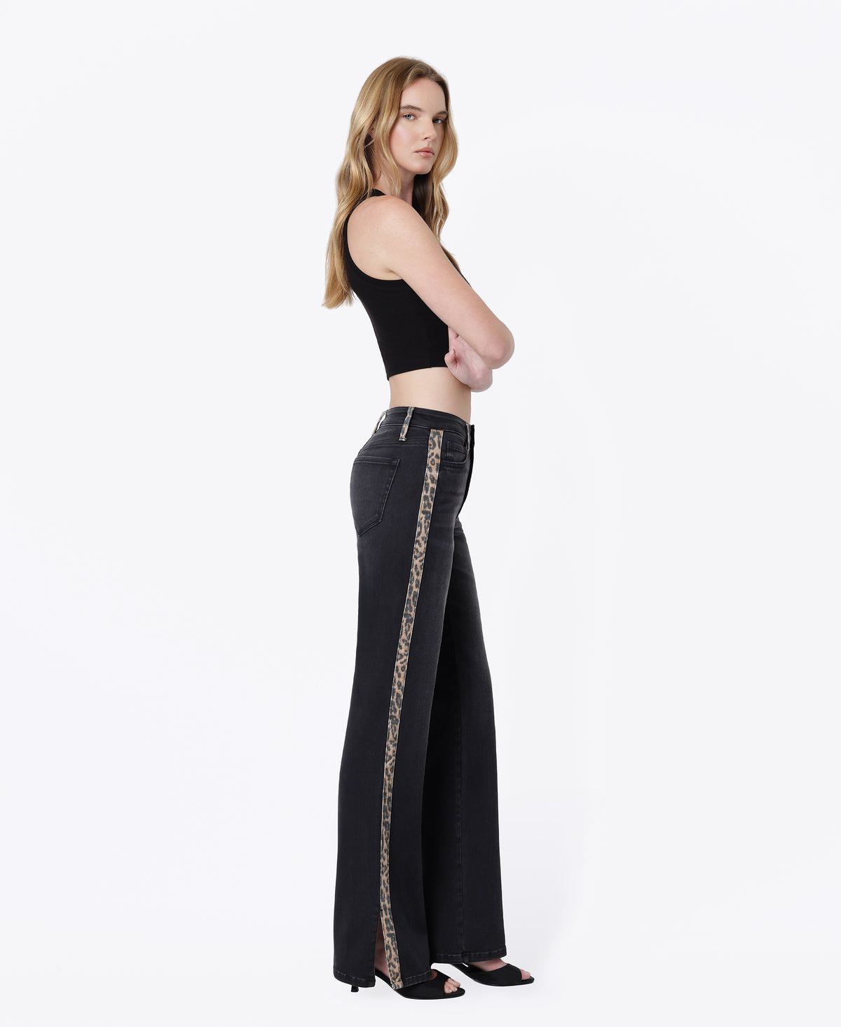 Right side product images of Leopard - High Rise Side Leopard Strip W/ Slit Vintage Flare Jeans