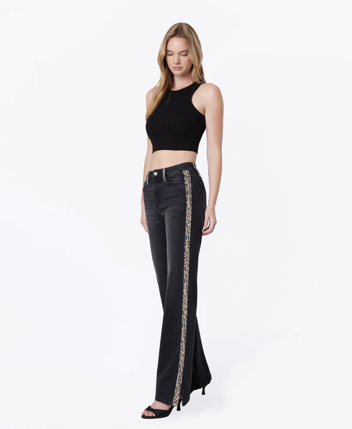 Left 45-degree product image of Leopard - High Rise Side Leopard Strip W/ Slit Vintage Flare Jeans