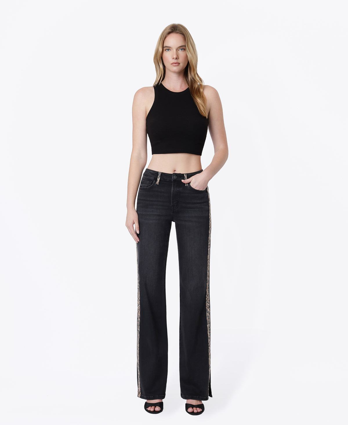 Front product images of Leopard - High Rise Side Leopard Strip W/ Slit Vintage Flare Jeans