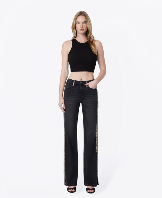 Front product images of Leopard - High Rise Side Leopard Strip W/ Slit Vintage Flare Jeans