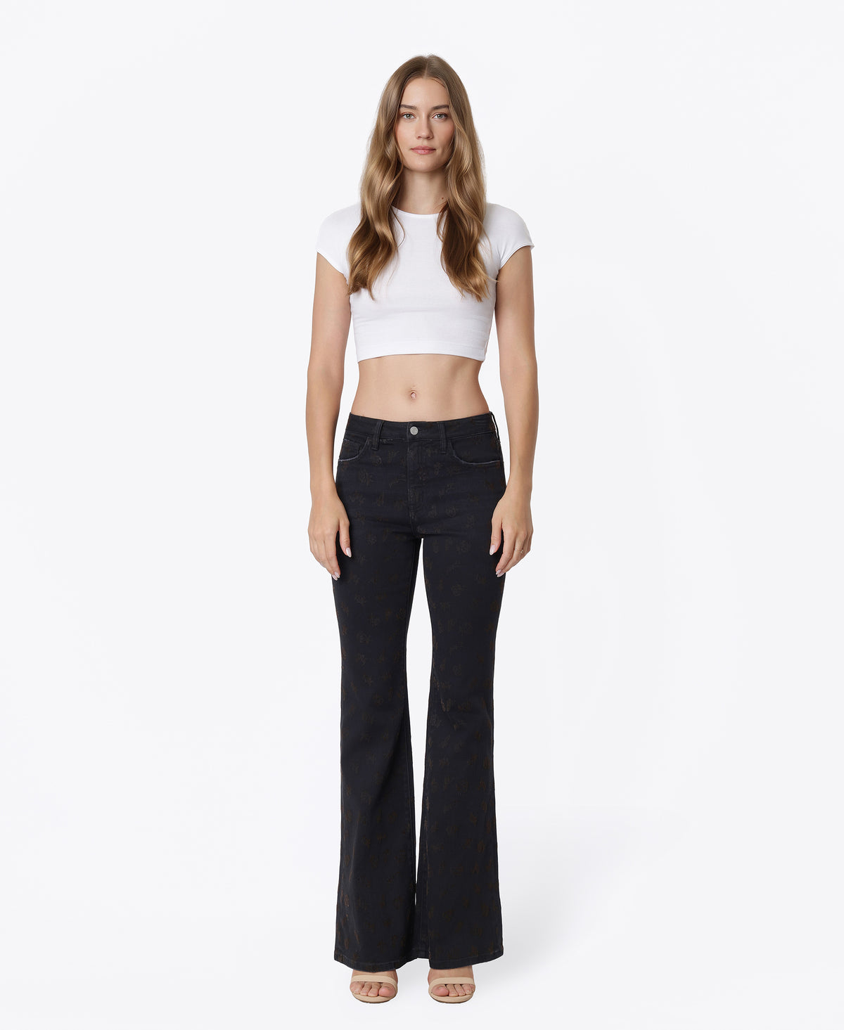 Front product images of Floral Flocking - High Rise Floral Print Easy Flare Jeans