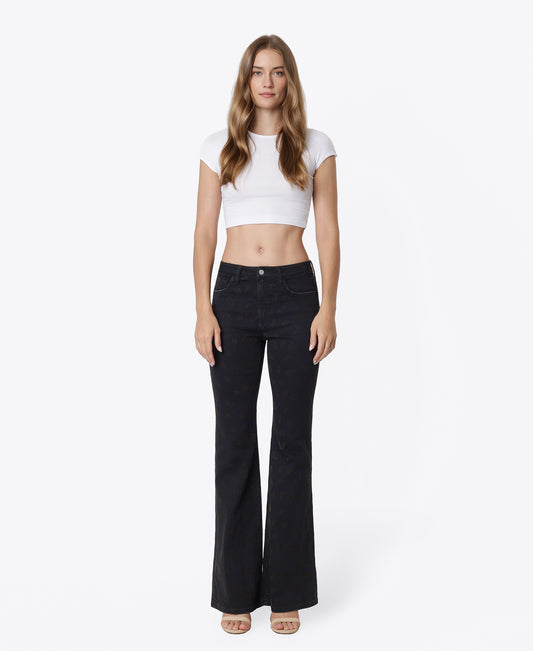 Front product images of Floral Flocking - High Rise Floral Print Easy Flare Jeans