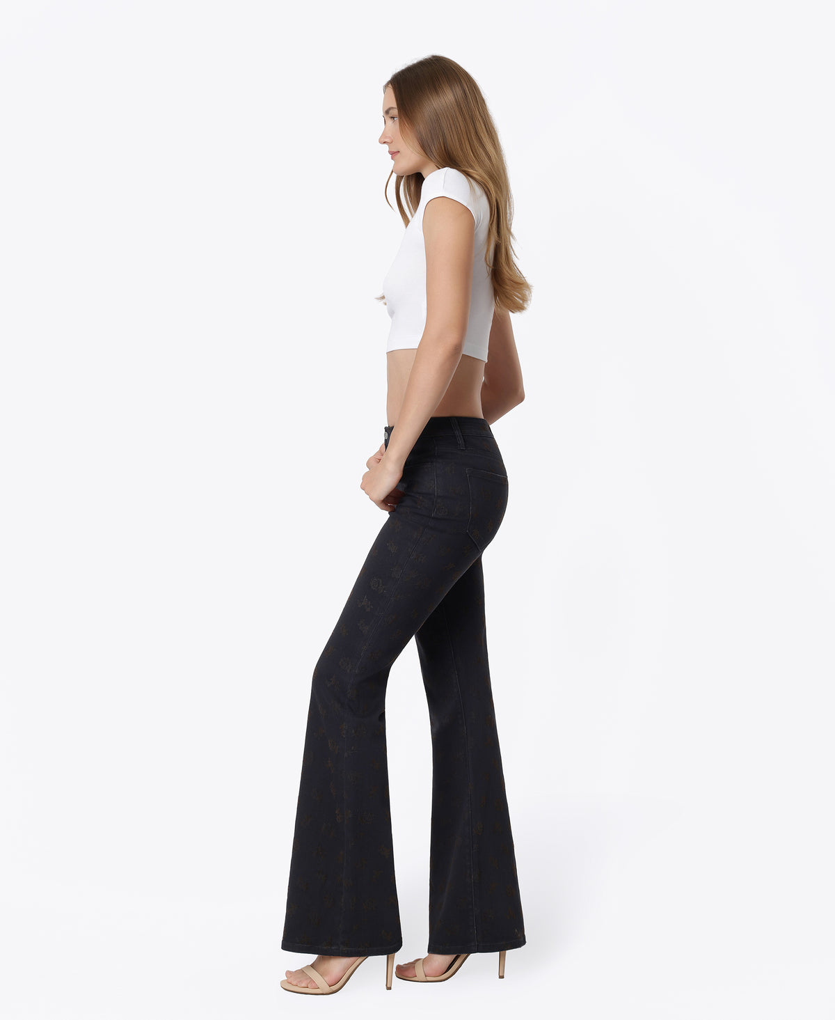 Left side product images of Floral Flocking - High Rise Floral Print Easy Flare Jeans