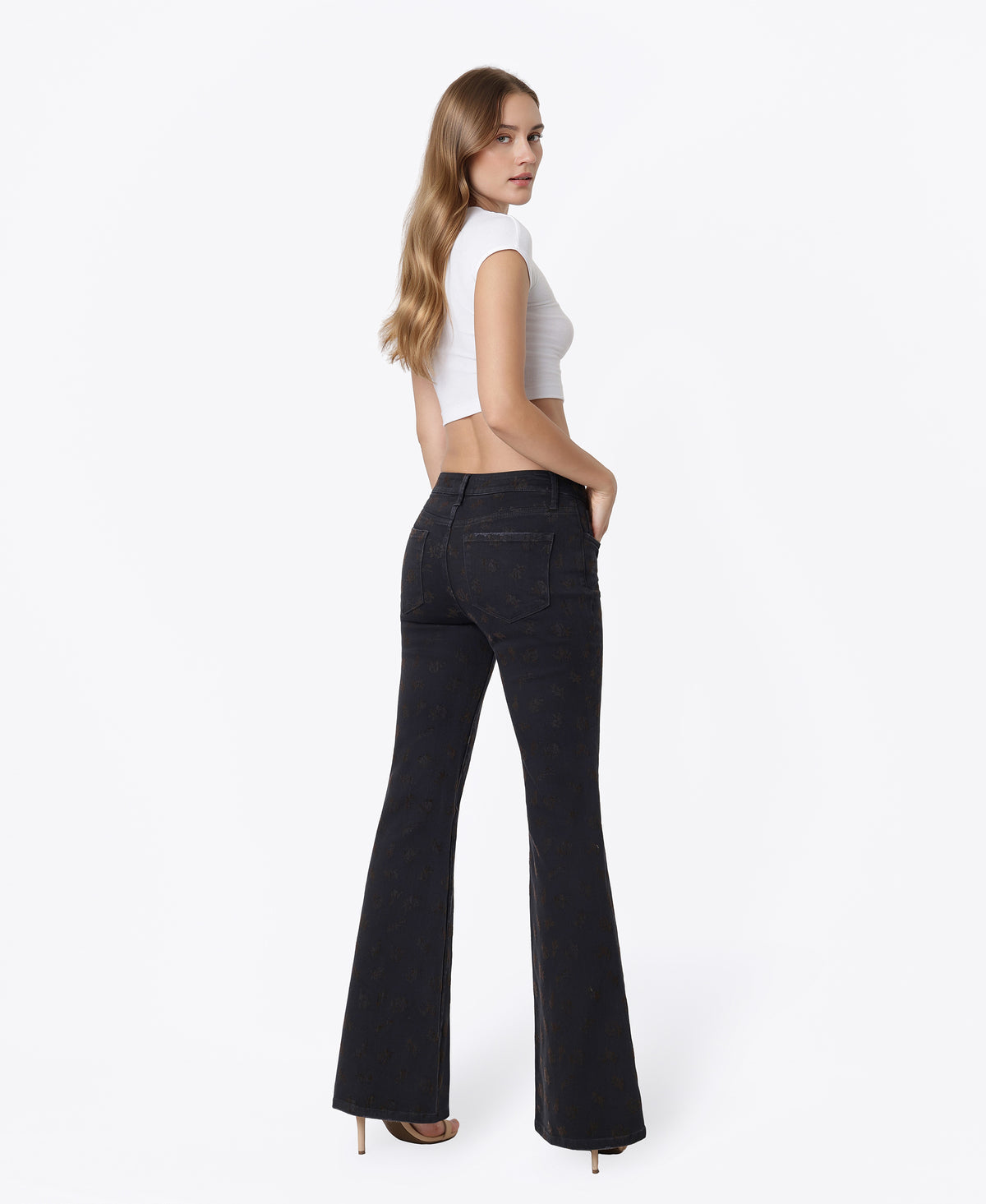 Back product images of Floral Flocking - High Rise Floral Print Easy Flare Jeans