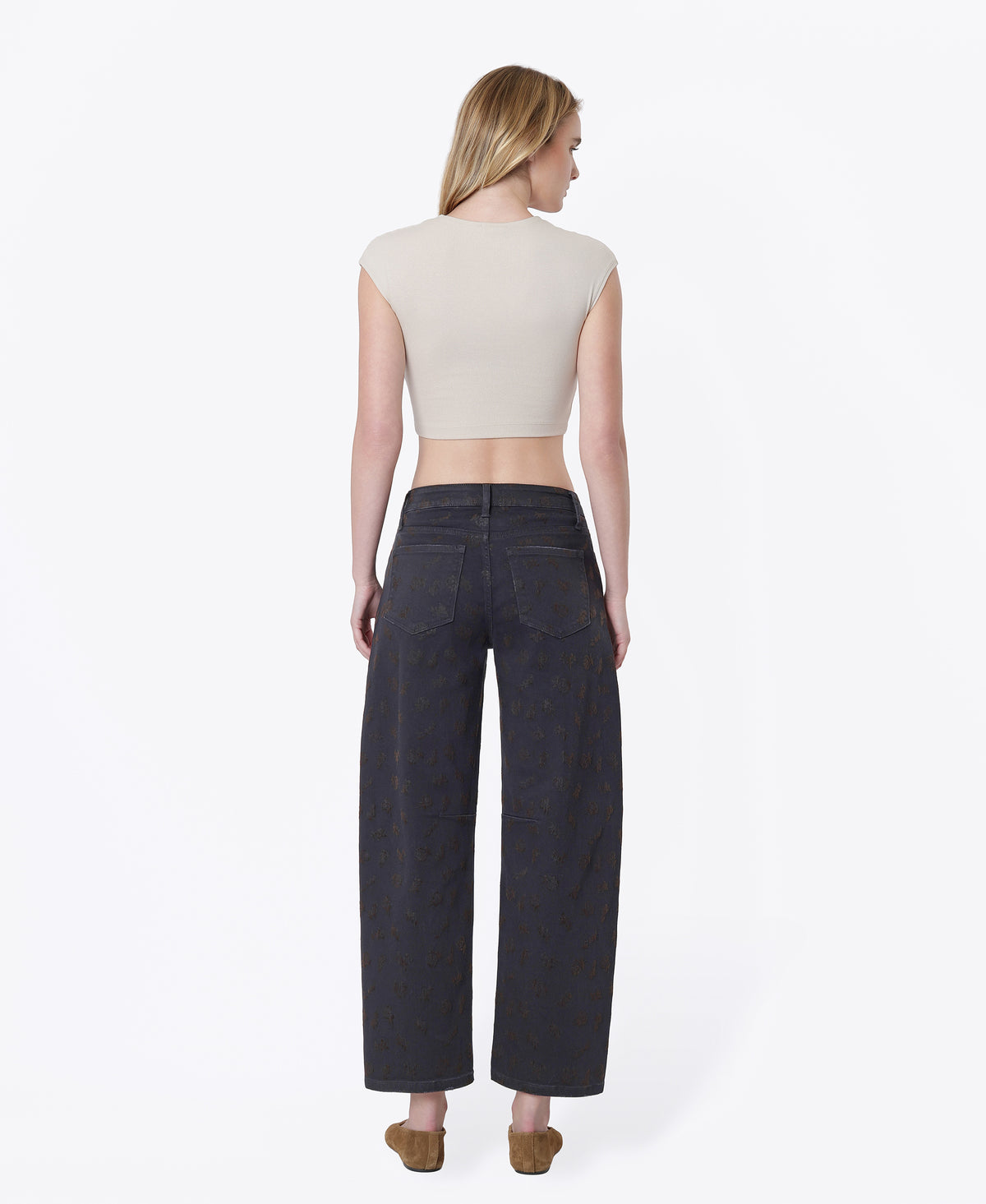 Back product images of Floral Flocking - High Rise Black Floral Flocked Barrel Jeans