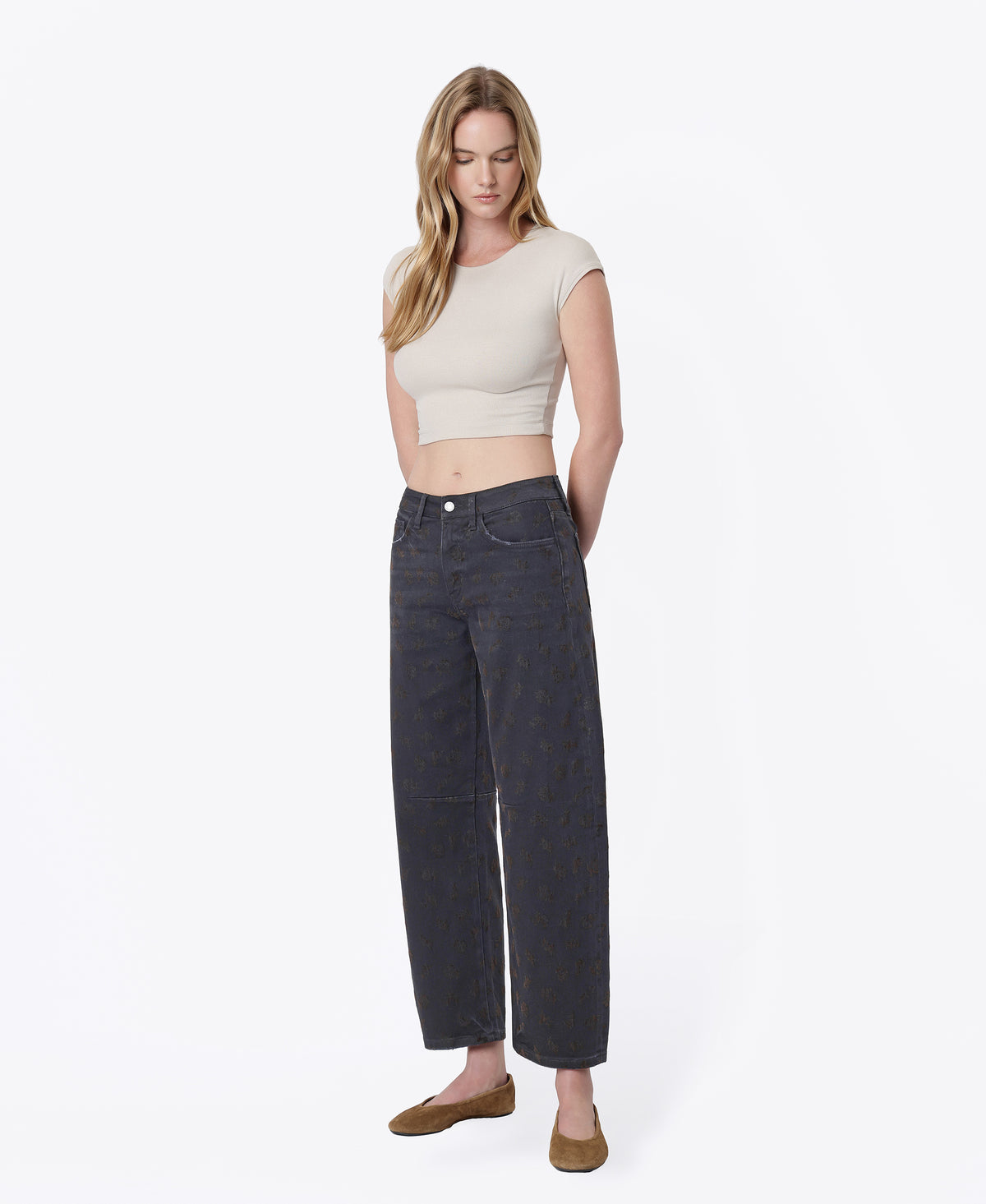 Left 45 degrees product image of Floral Flocking - High Rise Black Floral Flocked Barrel Jeans