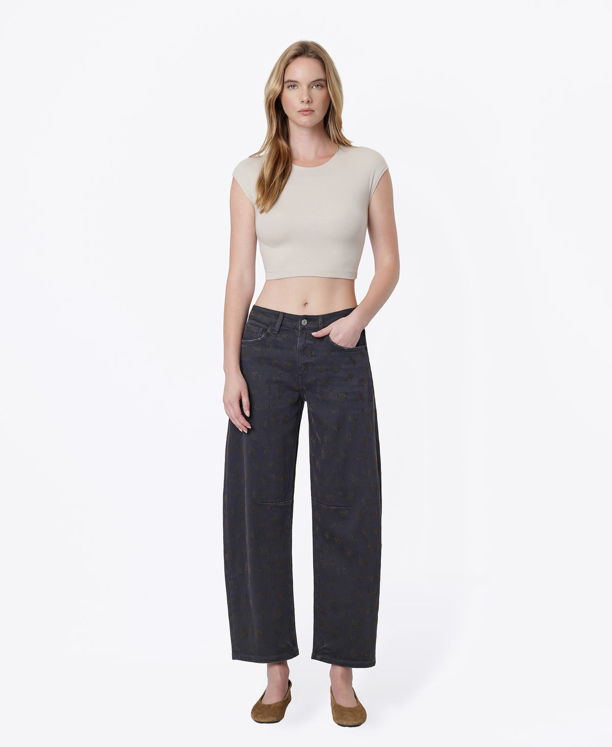 Front product images of Floral Flocking - High Rise Black Floral Flocked Barrel Jeans