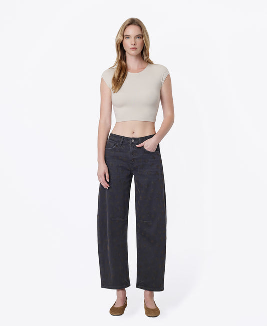 Front product images of Floral Flocking - High Rise Black Floral Flocked Barrel Jeans