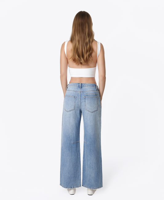 Back product images of Flamenco - High Rise Patchwork Detail Waist Tie Wide Leg Jeans
