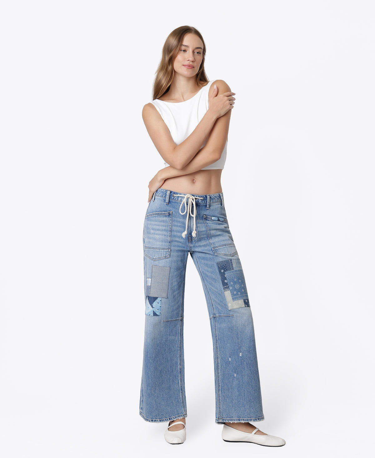Front product images of Flamenco - High Rise Patchwork Detail Waist Tie Wide Leg Jeans