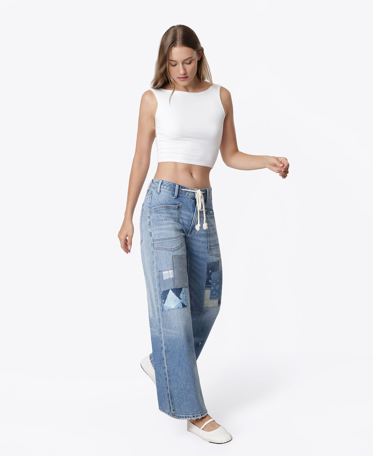 Right 45 degrees product image of Flamenco - High Rise Patchwork Detail Waist Tie Wide Leg Jeans