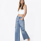 Left 45 degrees product image of Flamenco - High Rise Patchwork Detail Waist Tie Wide Leg Jeans