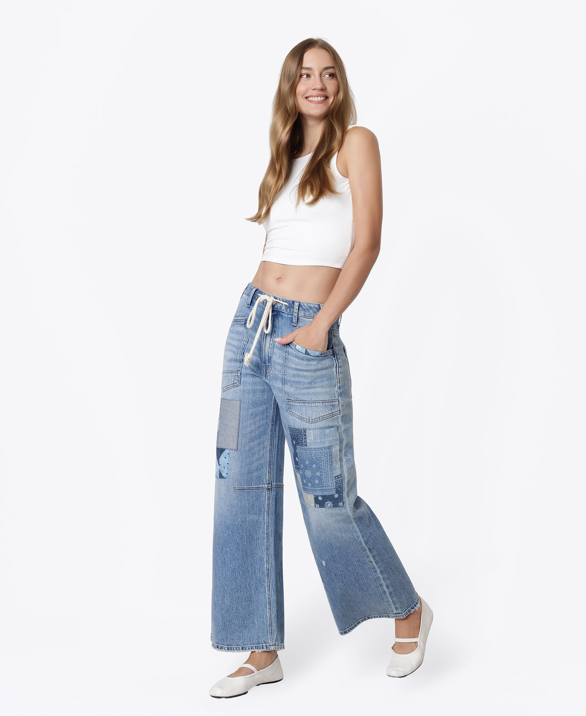 Left 45 degrees product image of Flamenco - High Rise Patchwork Detail Waist Tie Wide Leg Jeans