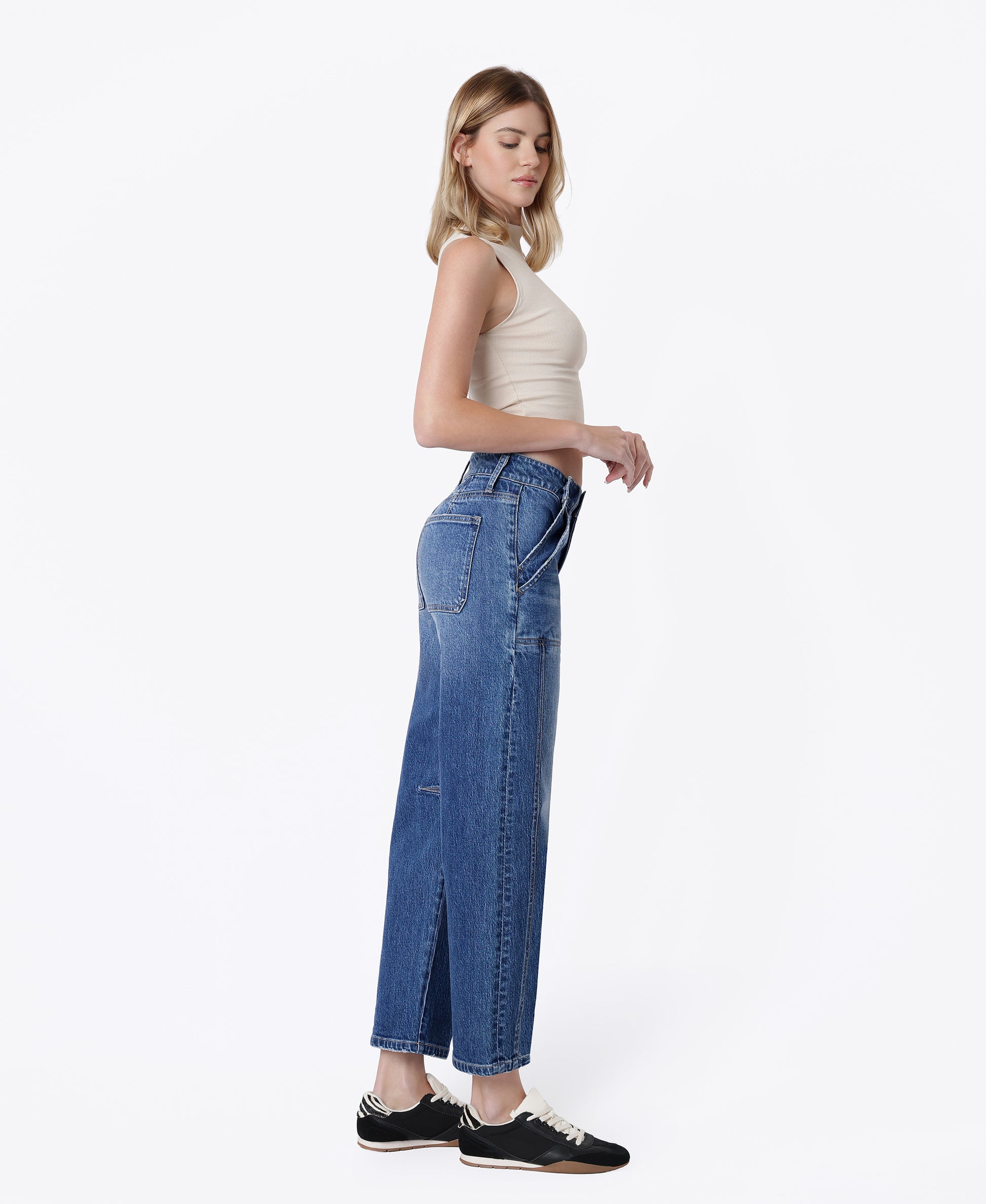 Right side product images of Embolden - High Rise Side Button Double Pockets Barrel Jeans